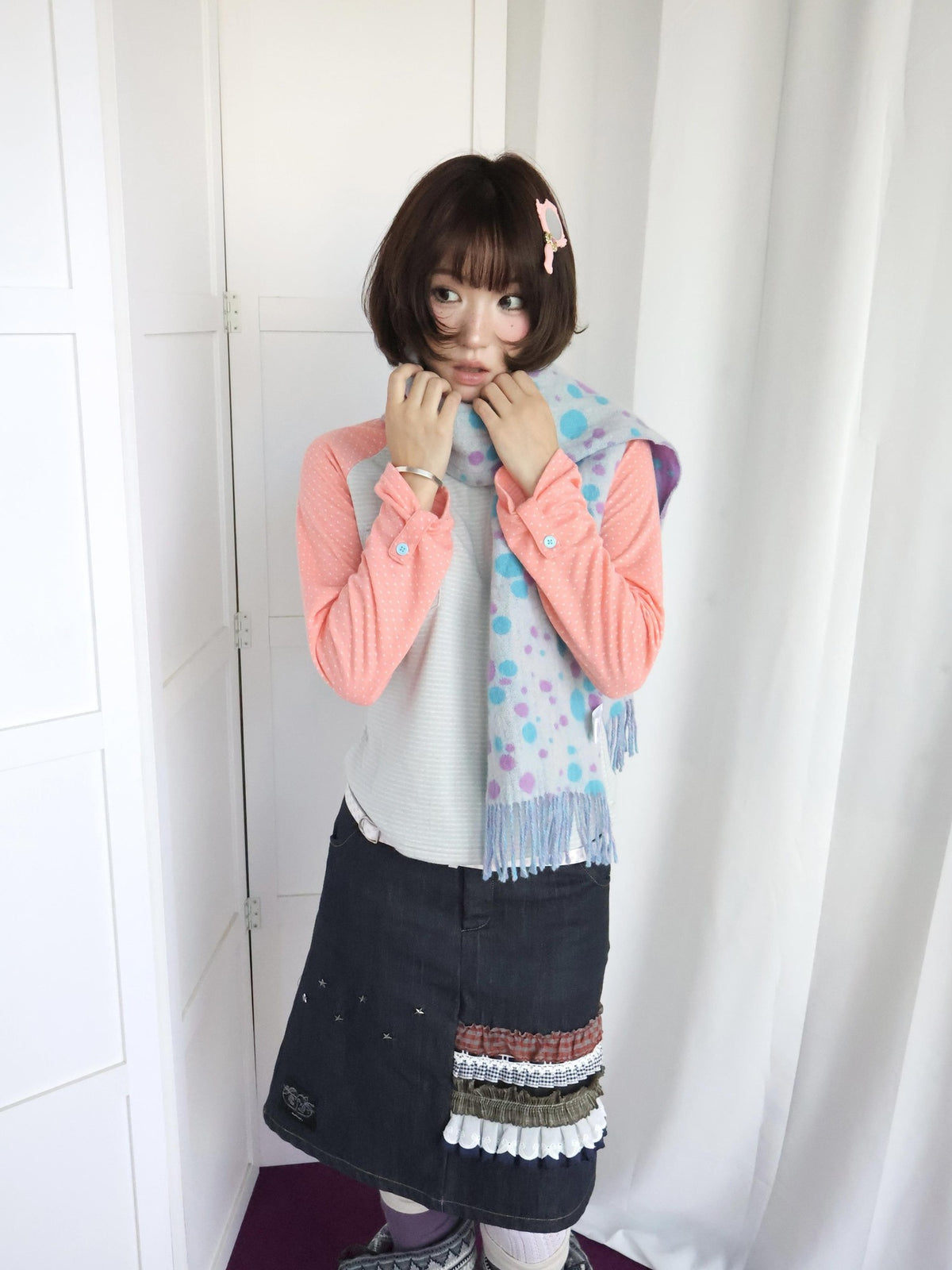 OurHappy Dot Striped Spliced Raglan Pocket Women&