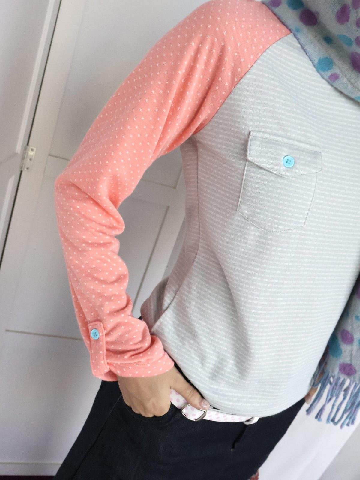 OurHappy Dot Striped Spliced Raglan Pocket Women&