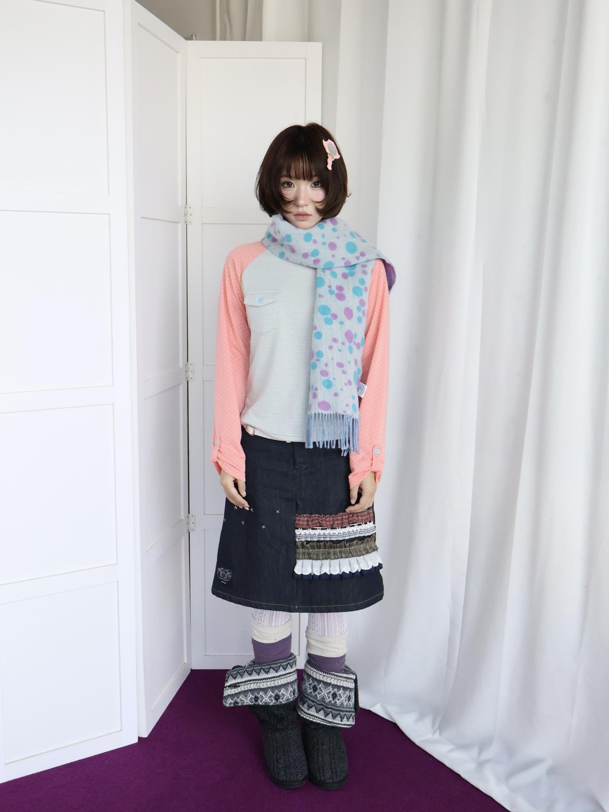 OurHappy Dot Striped Spliced Raglan Pocket Women&