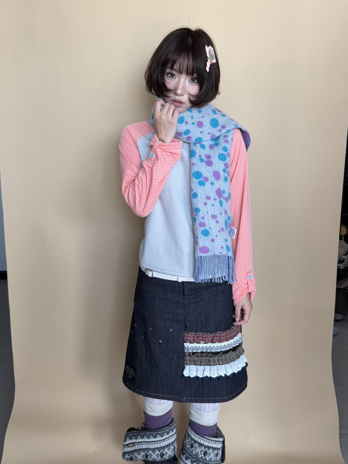 OurHappy Dot Striped Spliced Raglan Pocket Women&