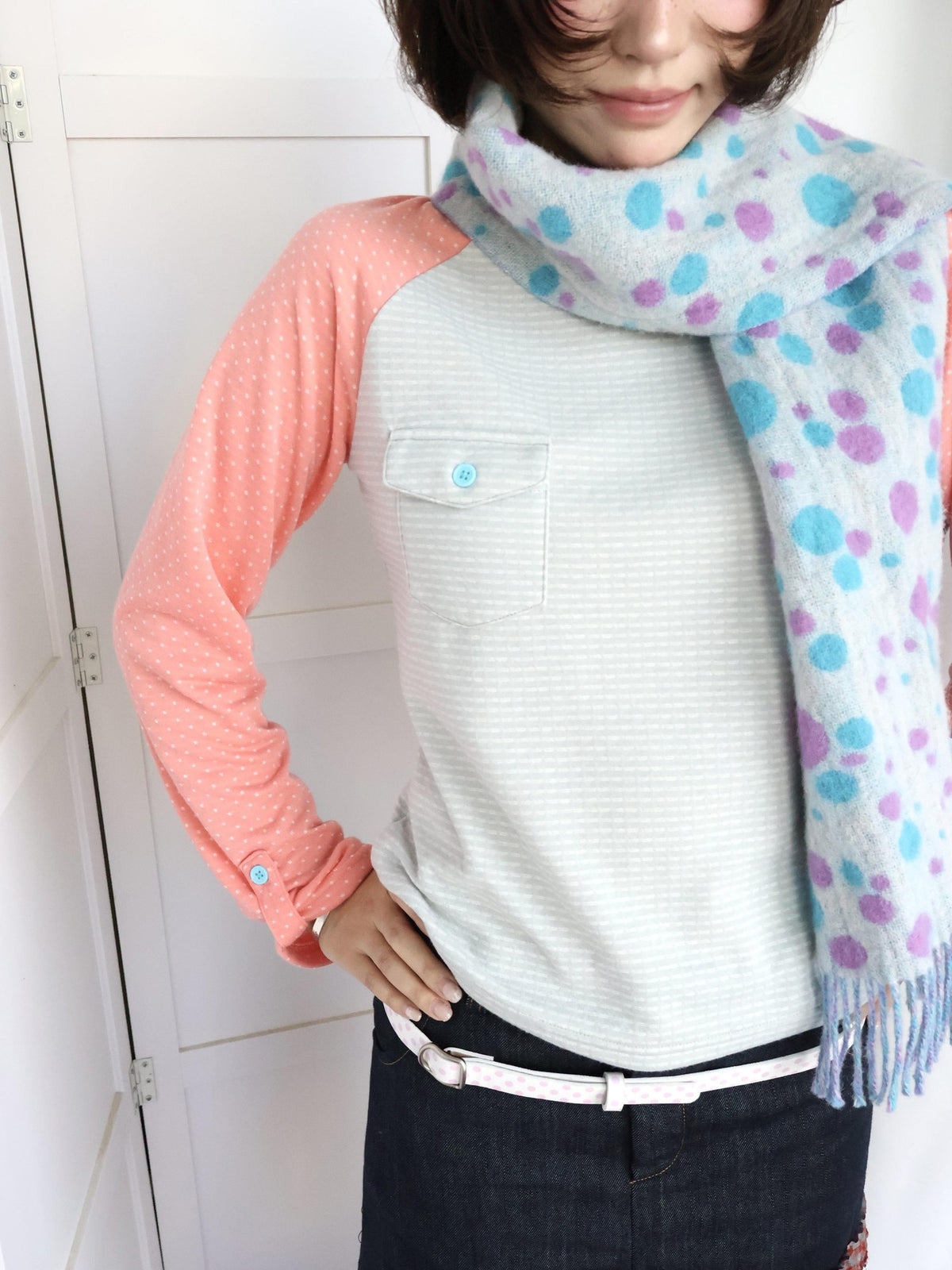 OurHappy Dot Striped Spliced Raglan Pocket Women&