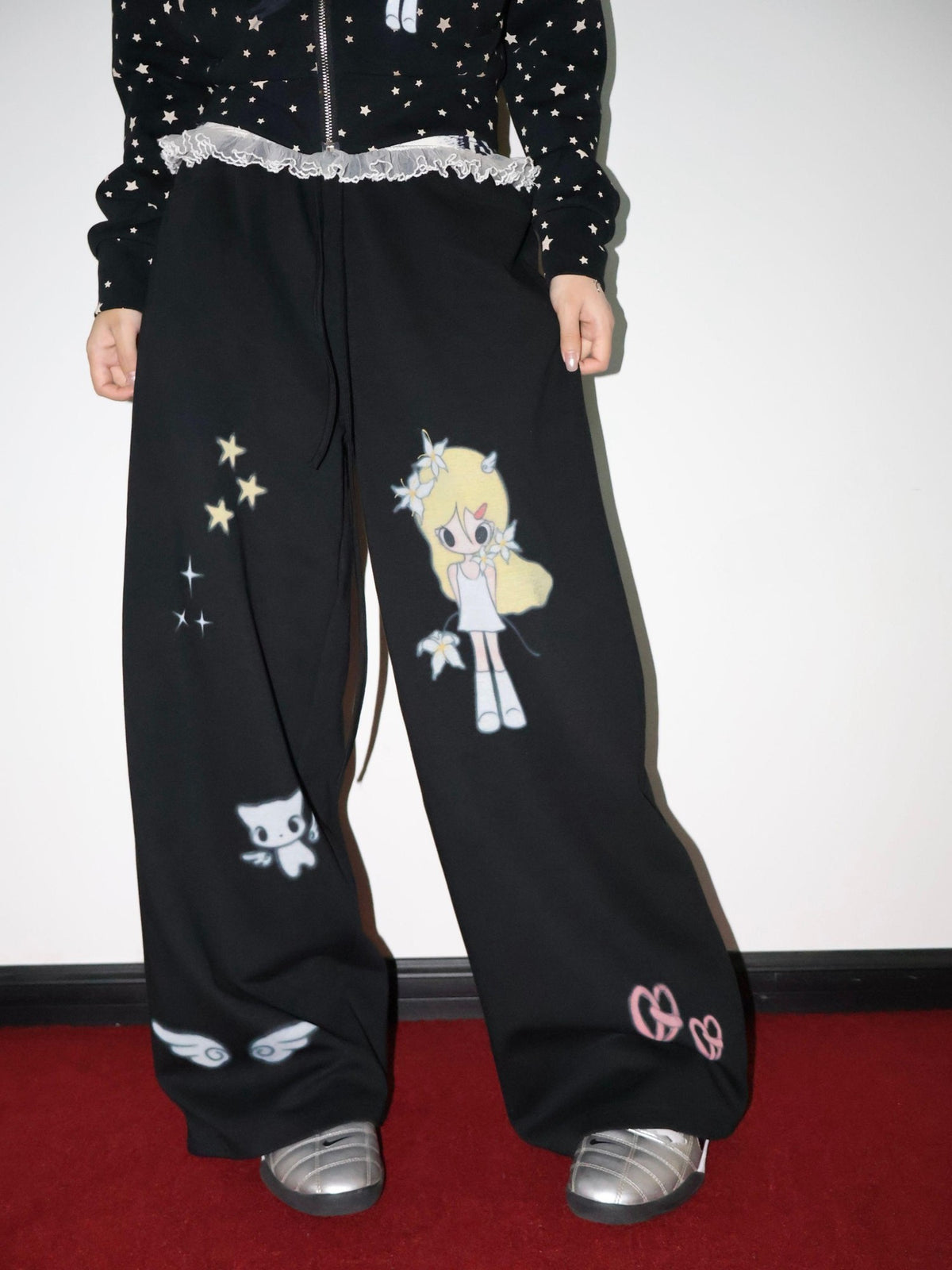 OurHappy Illustration Print High Waist Drawstring Pockets Women&