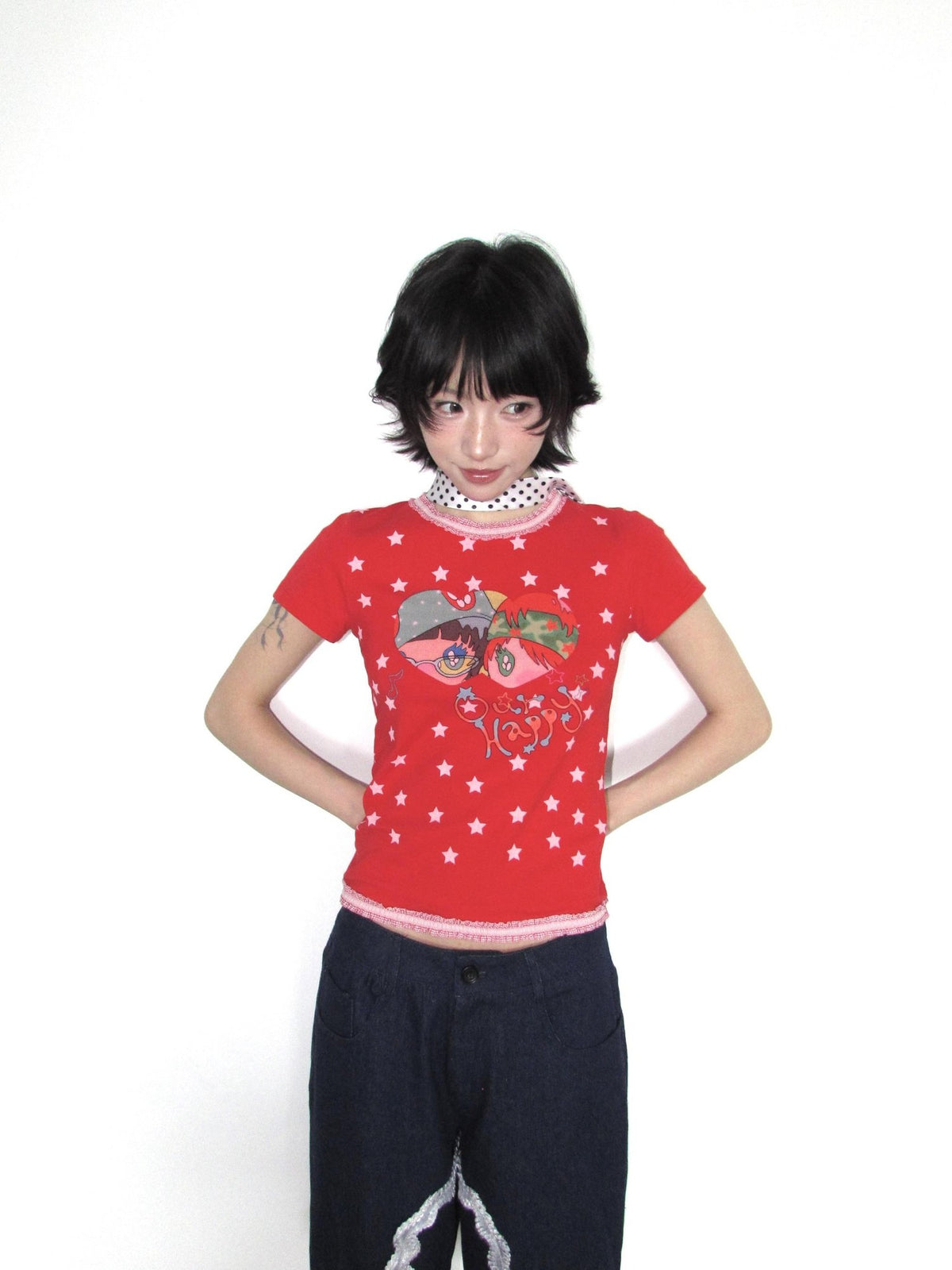 OurHappy Lace Trim Cartoon Cross Micro Print Women&
