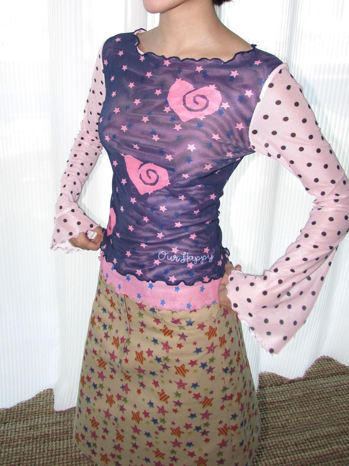 OurHappy Polka Dot Heart Print Layered Mesh Flare Sleeve Women&