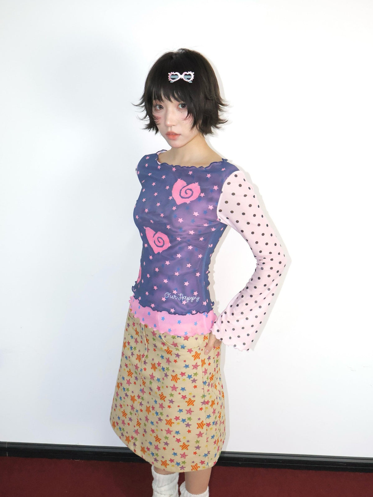 OurHappy Polka Dot Heart Print Layered Mesh Flare Sleeve Women&