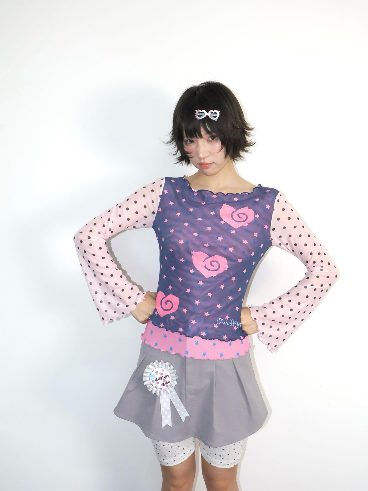 OurHappy Polka Dot Heart Print Layered Mesh Flare Sleeve Women&