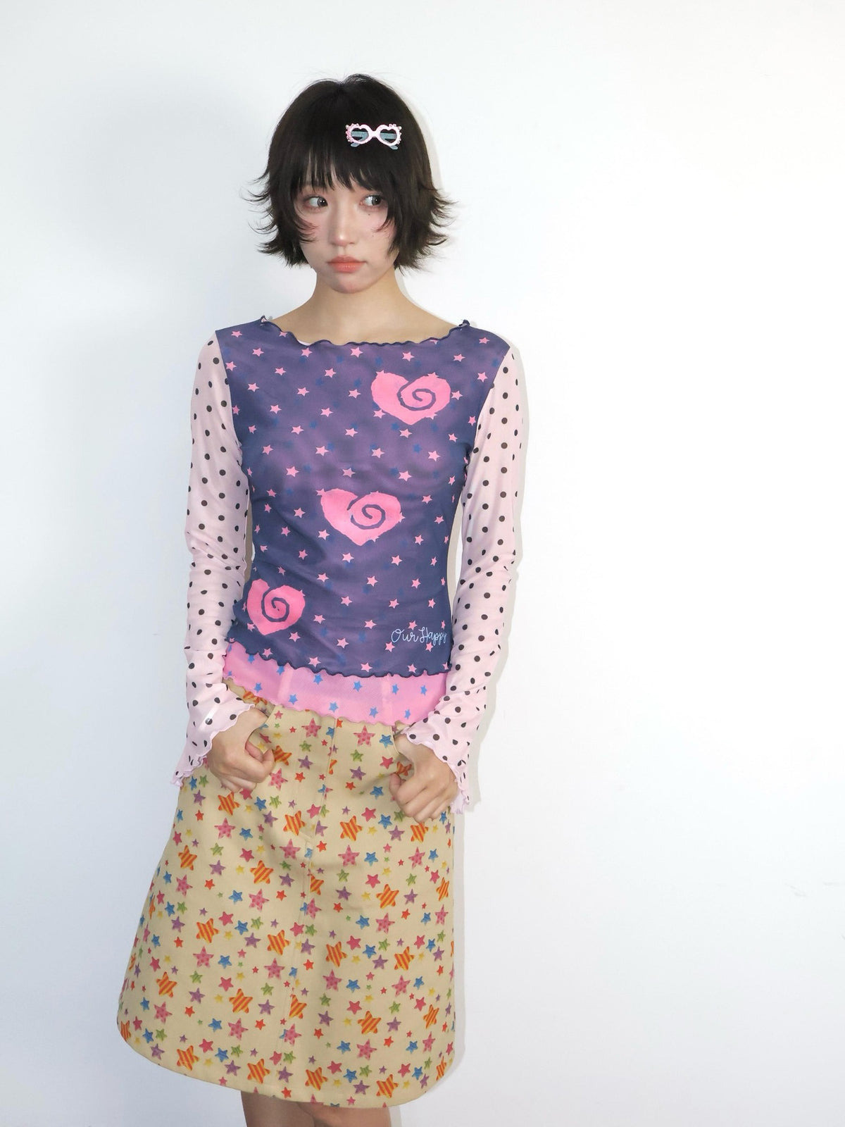 OurHappy Polka Dot Heart Print Layered Mesh Flare Sleeve Women&