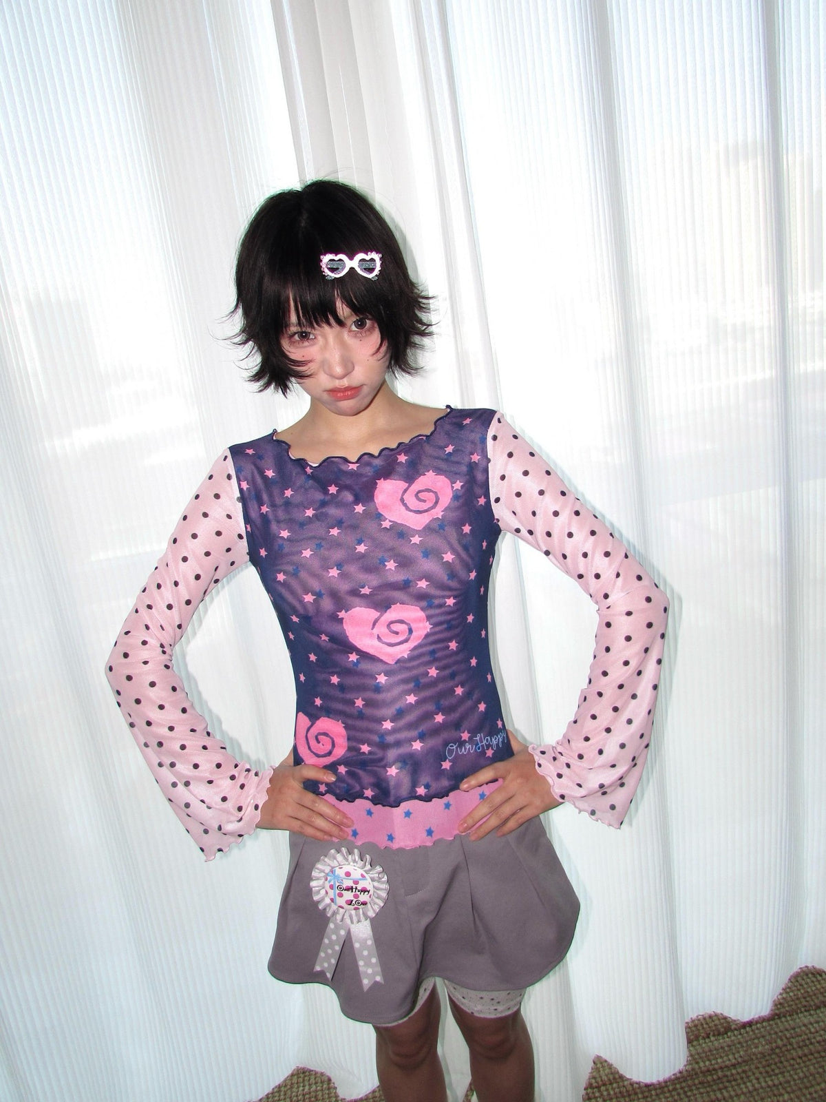 OurHappy Polka Dot Heart Print Layered Mesh Flare Sleeve Women&