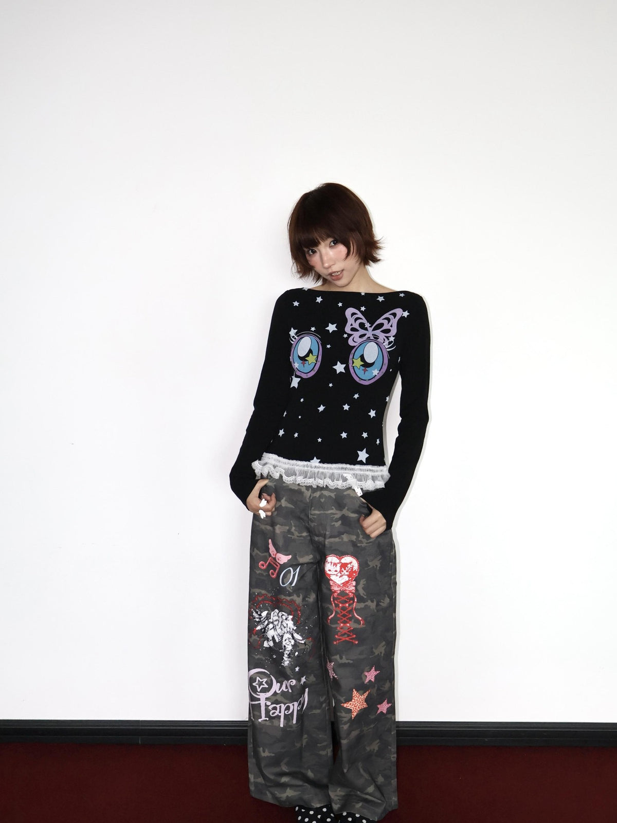 OurHappy Star Comic Print Washed Boat Neck Women&
