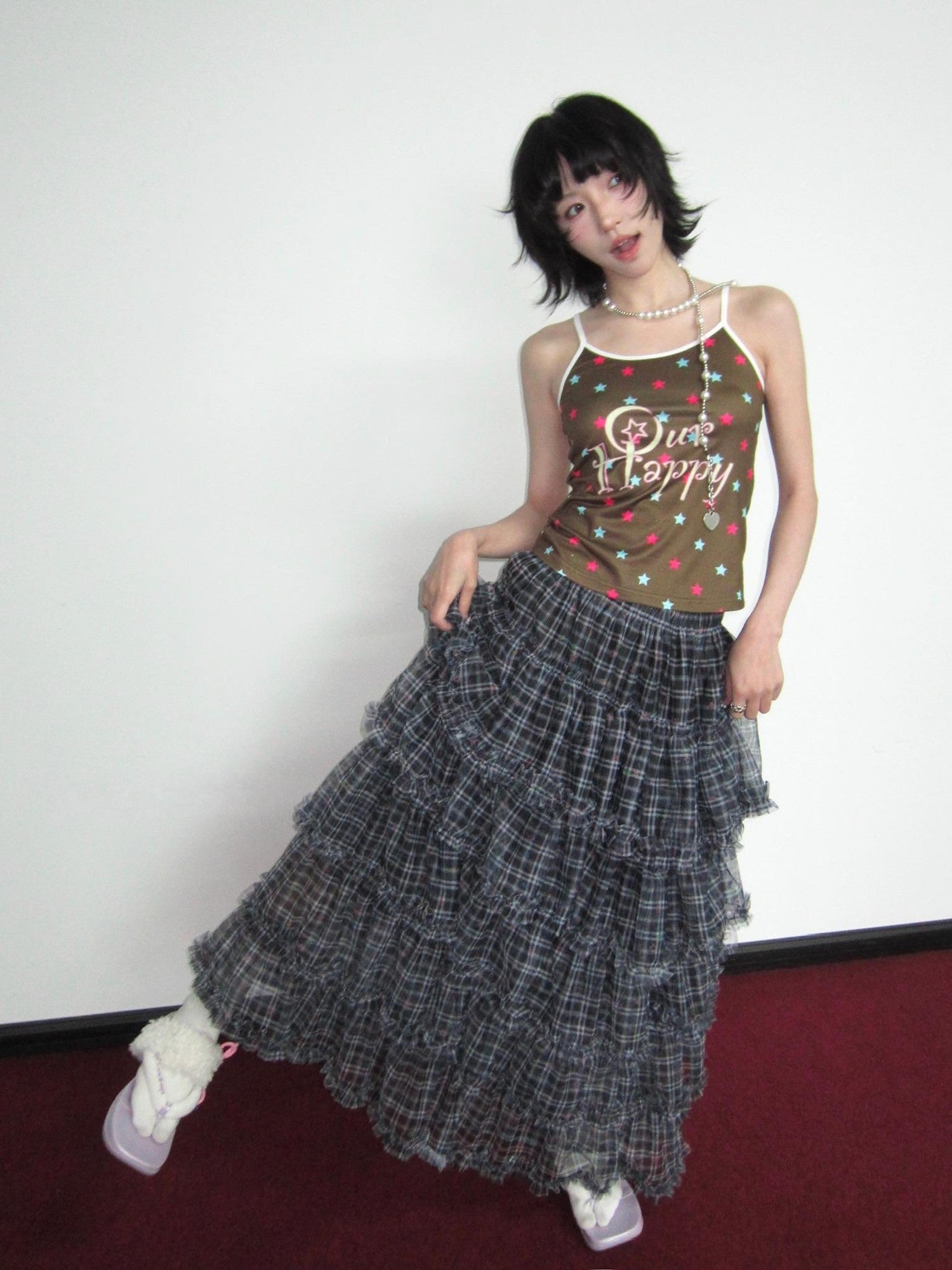 OurHappy Star Grid Tiered Ruffle Pleated Women&