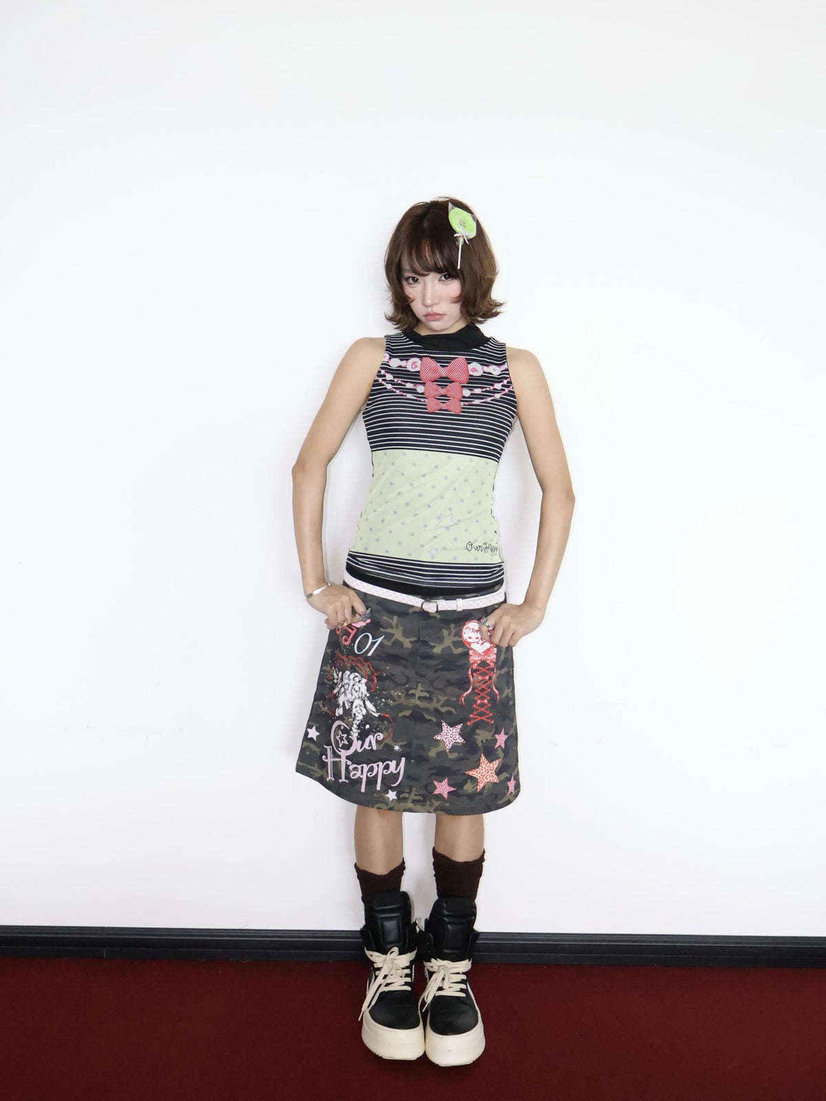 OurHappy Striped Butterfly Bow Print Double Layer Fitted Women&