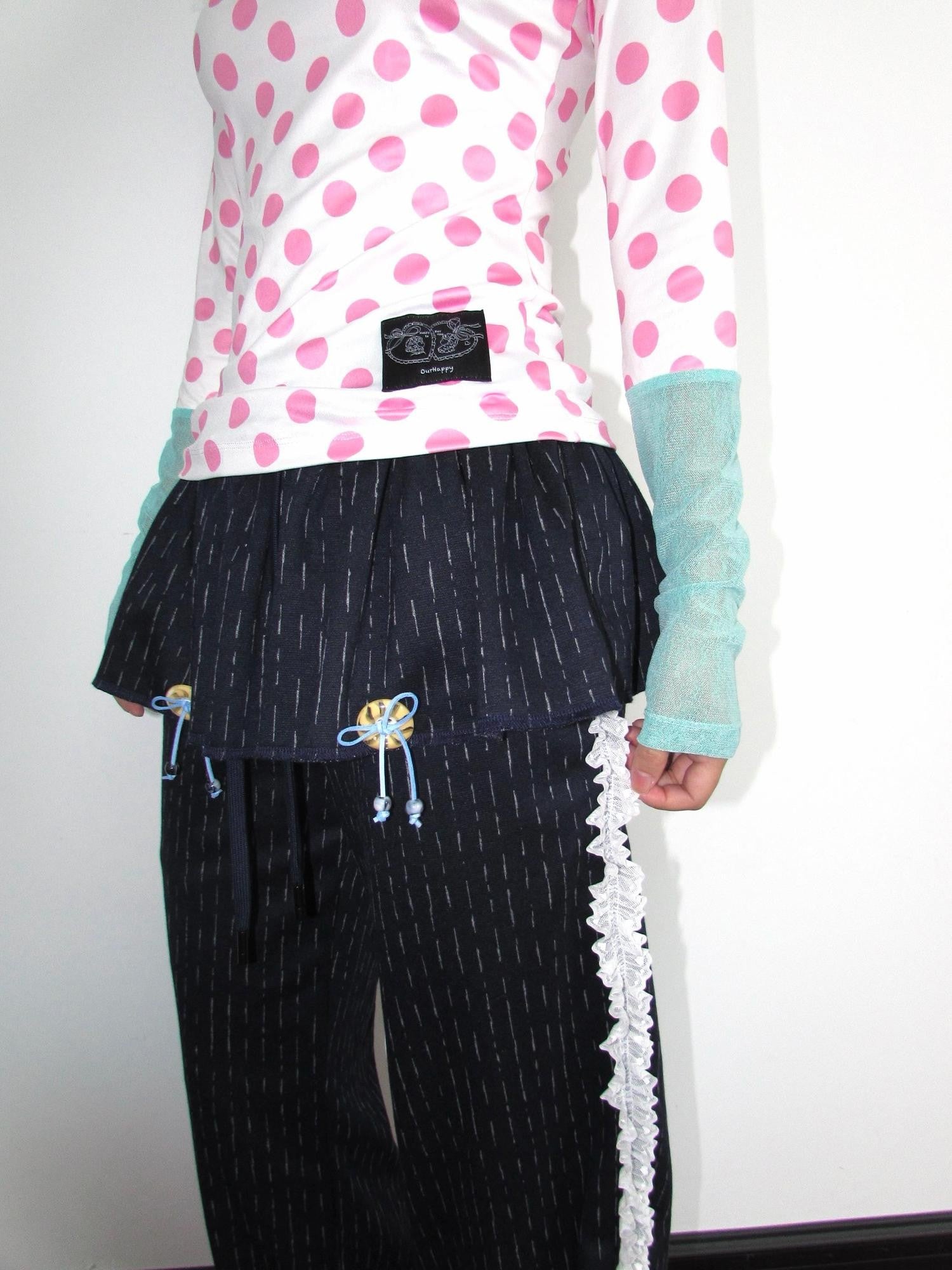 OurHappy Vertical Stripe Lace Trim Decorative Buttons Brushed Women&