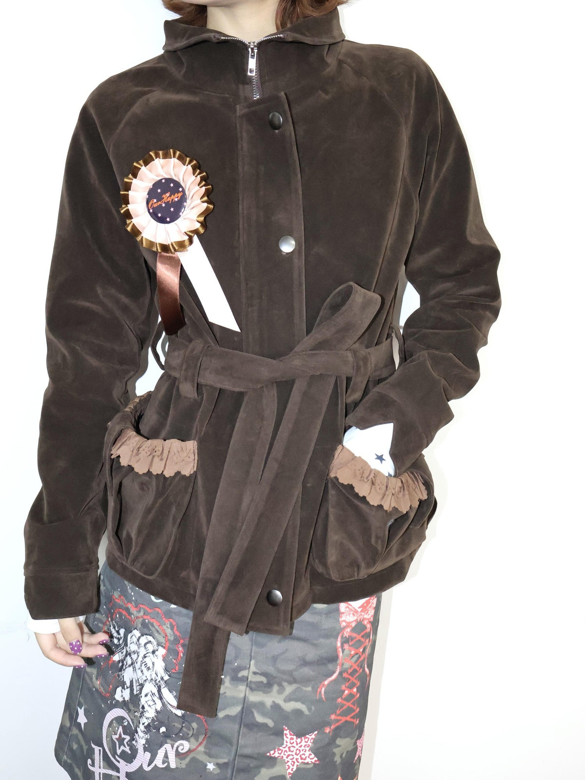 OurHappy Vintage Badge Faux Suede Lace Panel Cinched Waist Women&