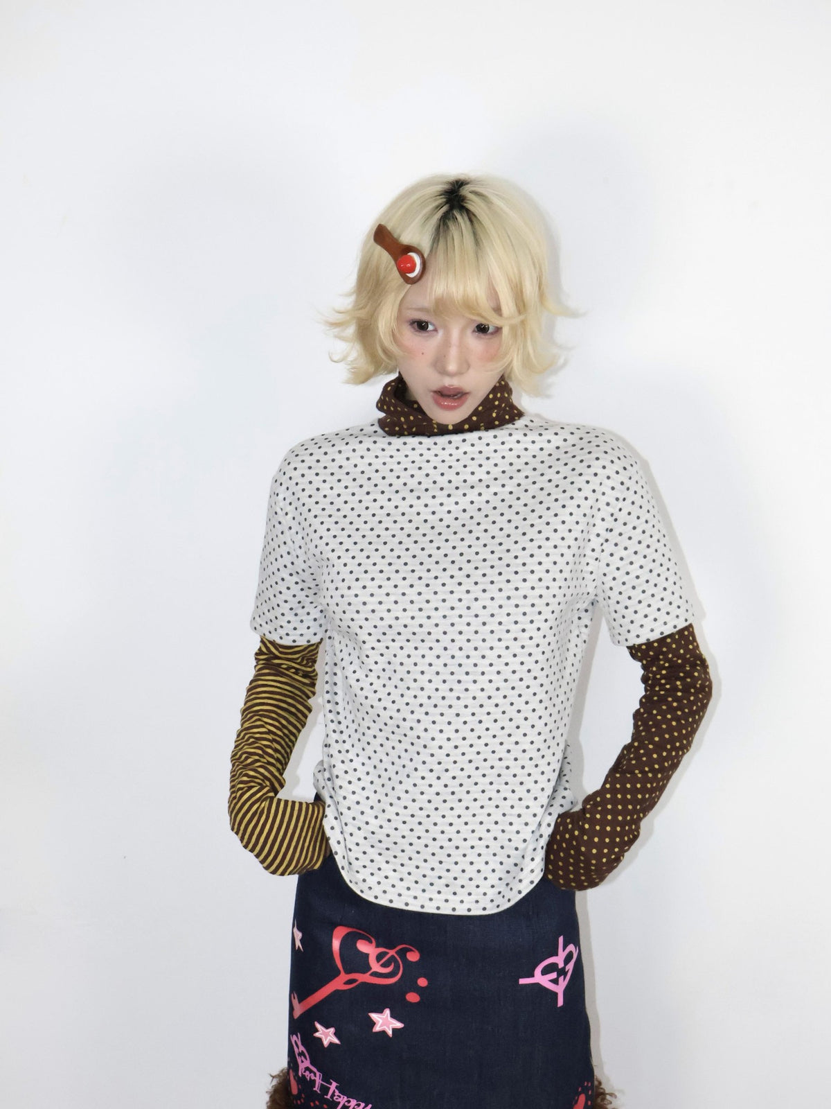 OurHappy Vintage Polka Dot Striped Mock Layer Women&