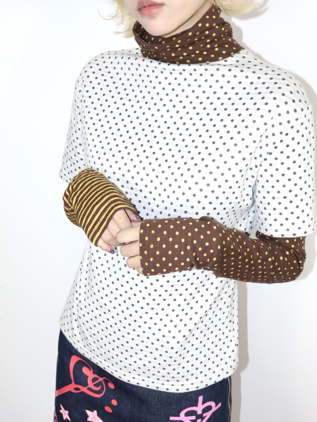 OurHappy Vintage Polka Dot Striped Mock Layer Women&