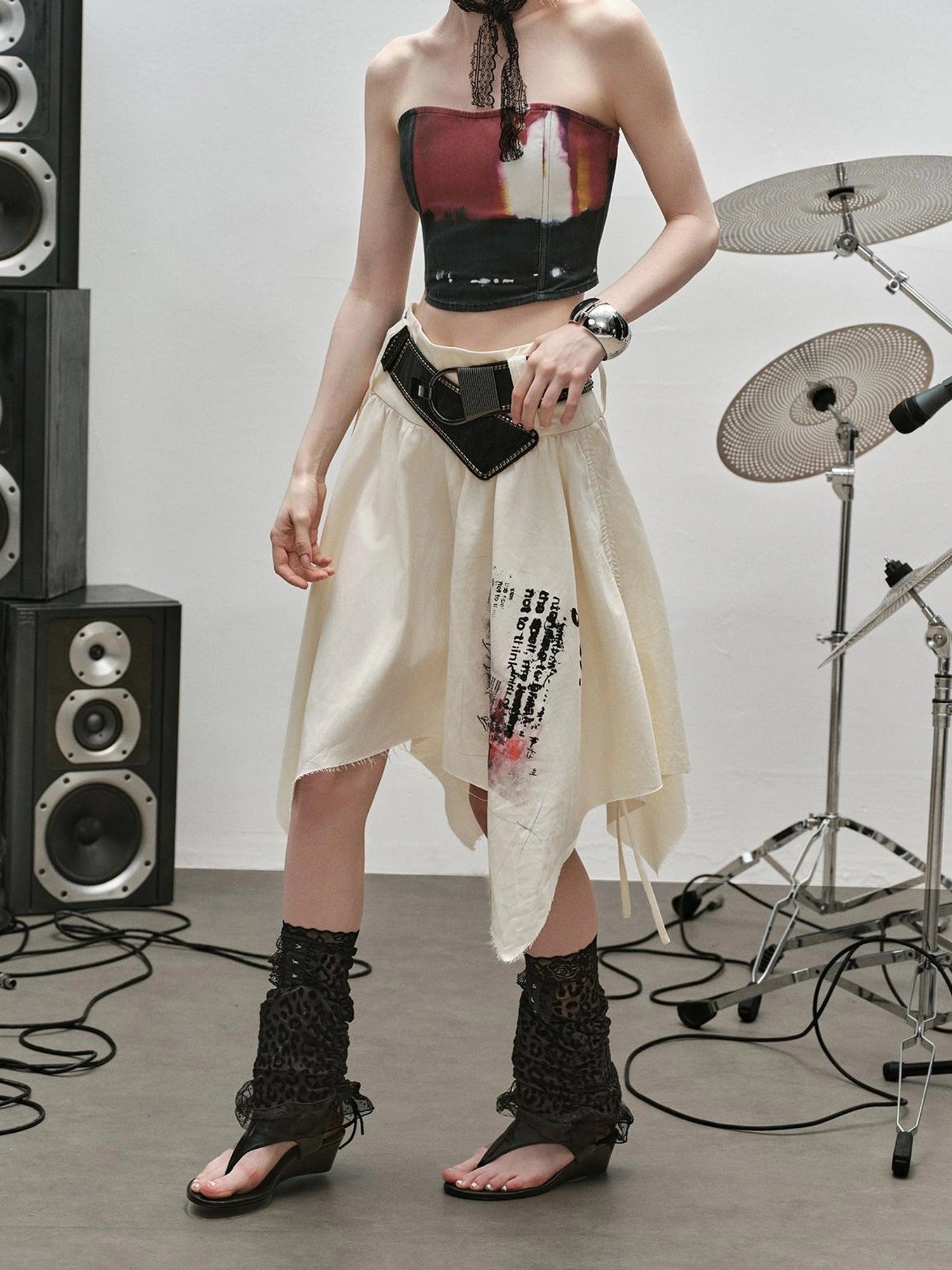 Outmode Distressed Print Asymmetrical Ruffle Skirt