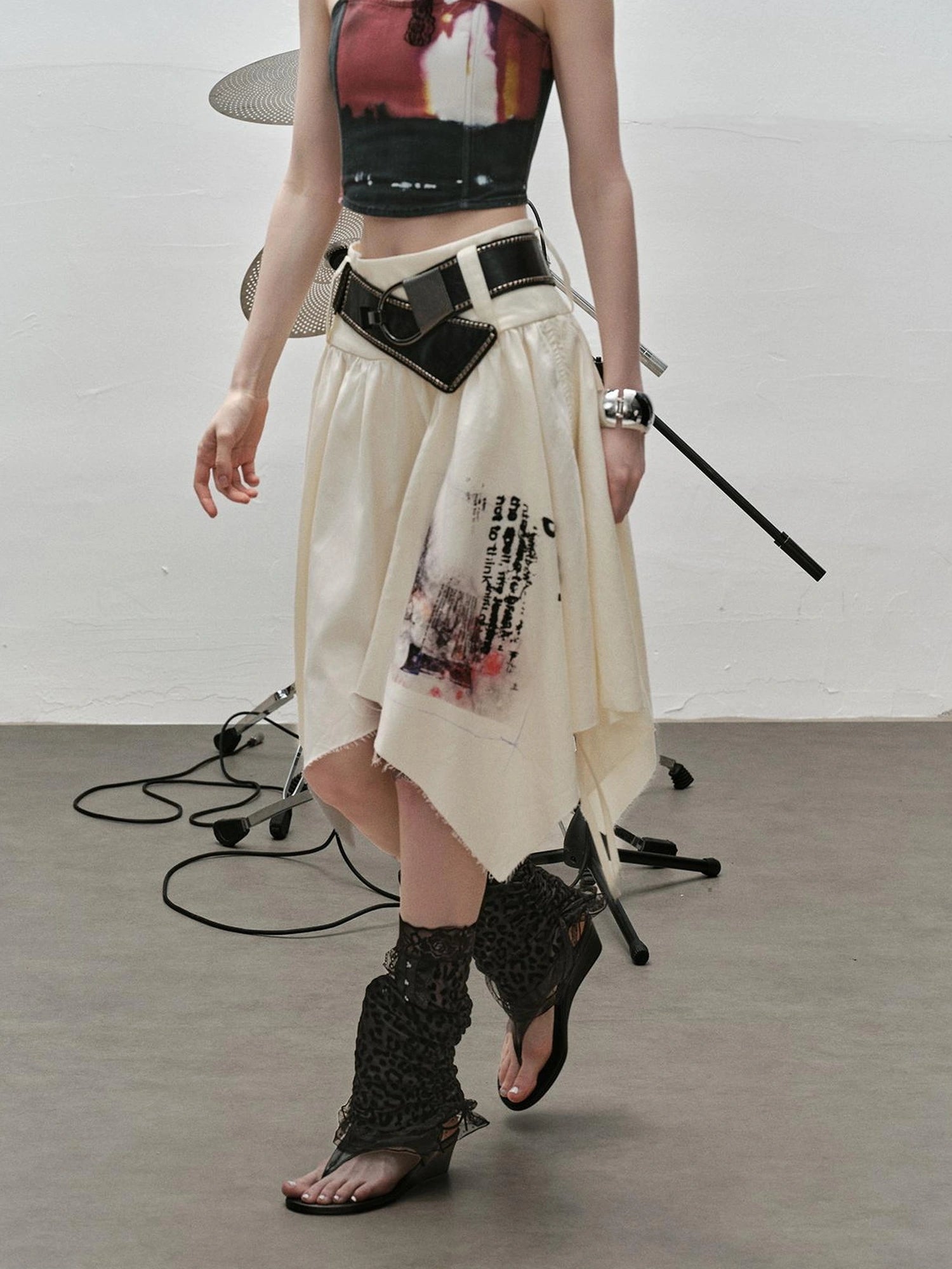 Outmode Distressed Print Asymmetrical Ruffle Skirt