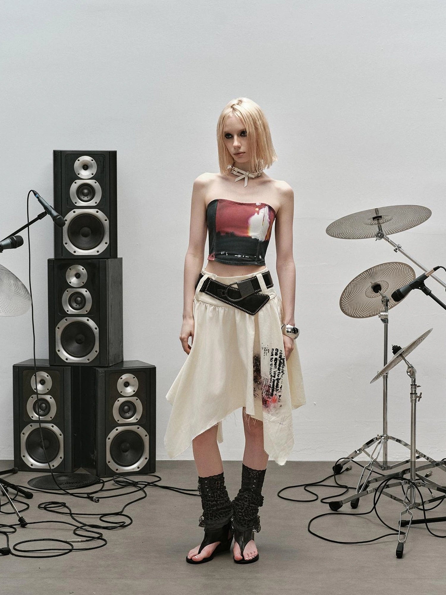 Outmode Distressed Print Asymmetrical Ruffle Skirt