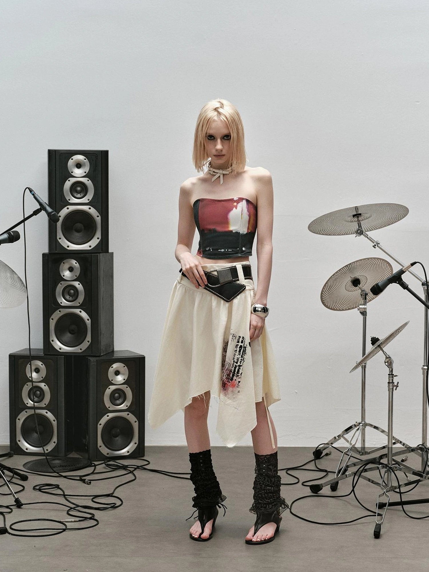 Outmode Distressed Print Asymmetrical Ruffle Skirt