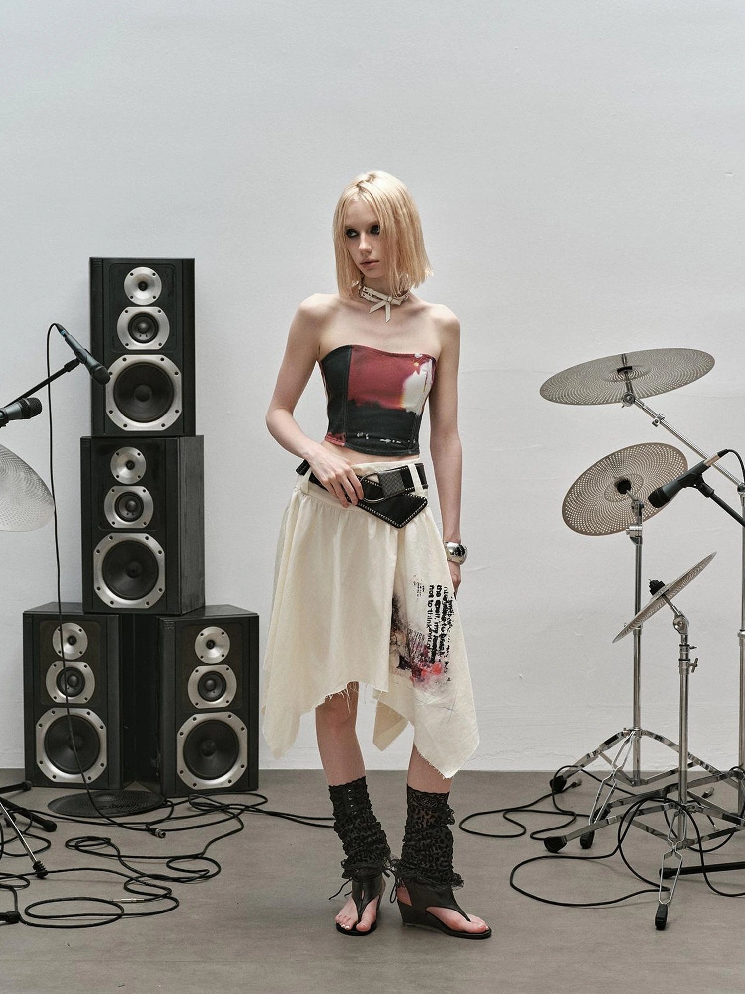 Outmode Distressed Print Asymmetrical Ruffle Skirt