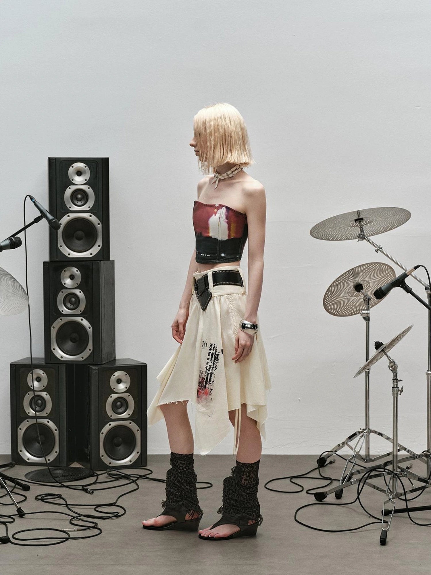 Outmode Distressed Print Asymmetrical Ruffle Skirt