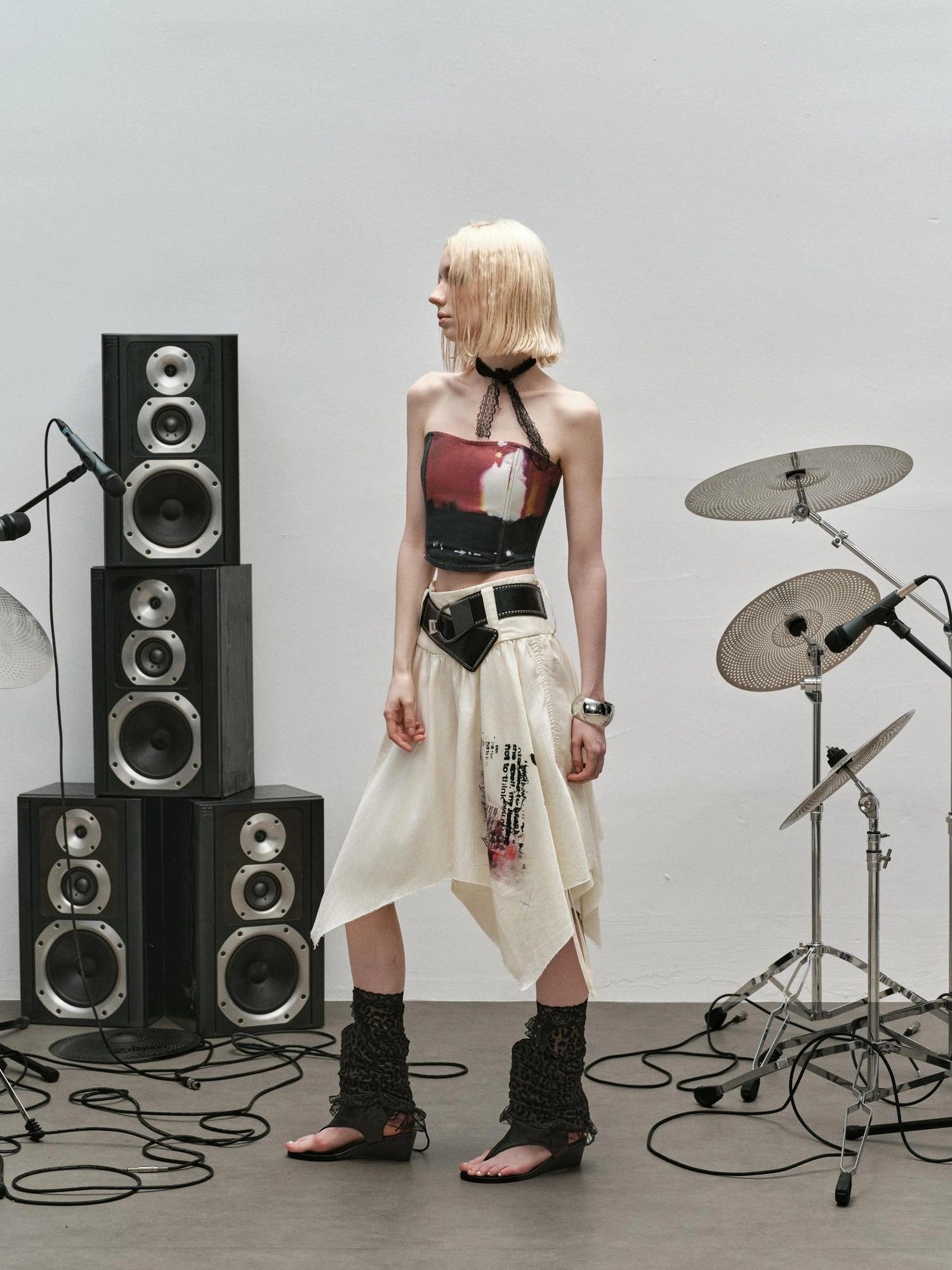 Outmode Distressed Print Asymmetrical Ruffle Skirt