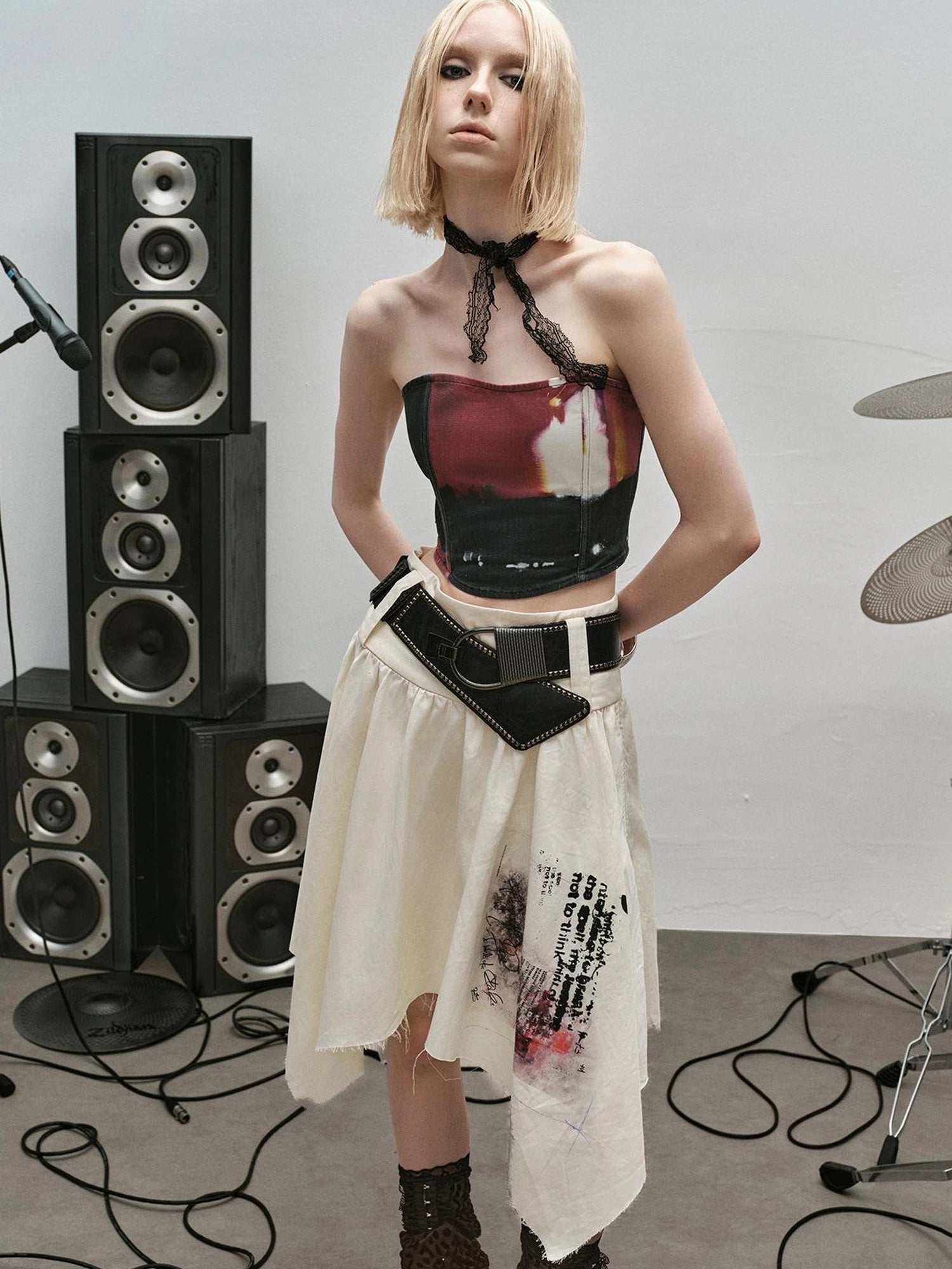Outmode Distressed Print Asymmetrical Ruffle Skirt