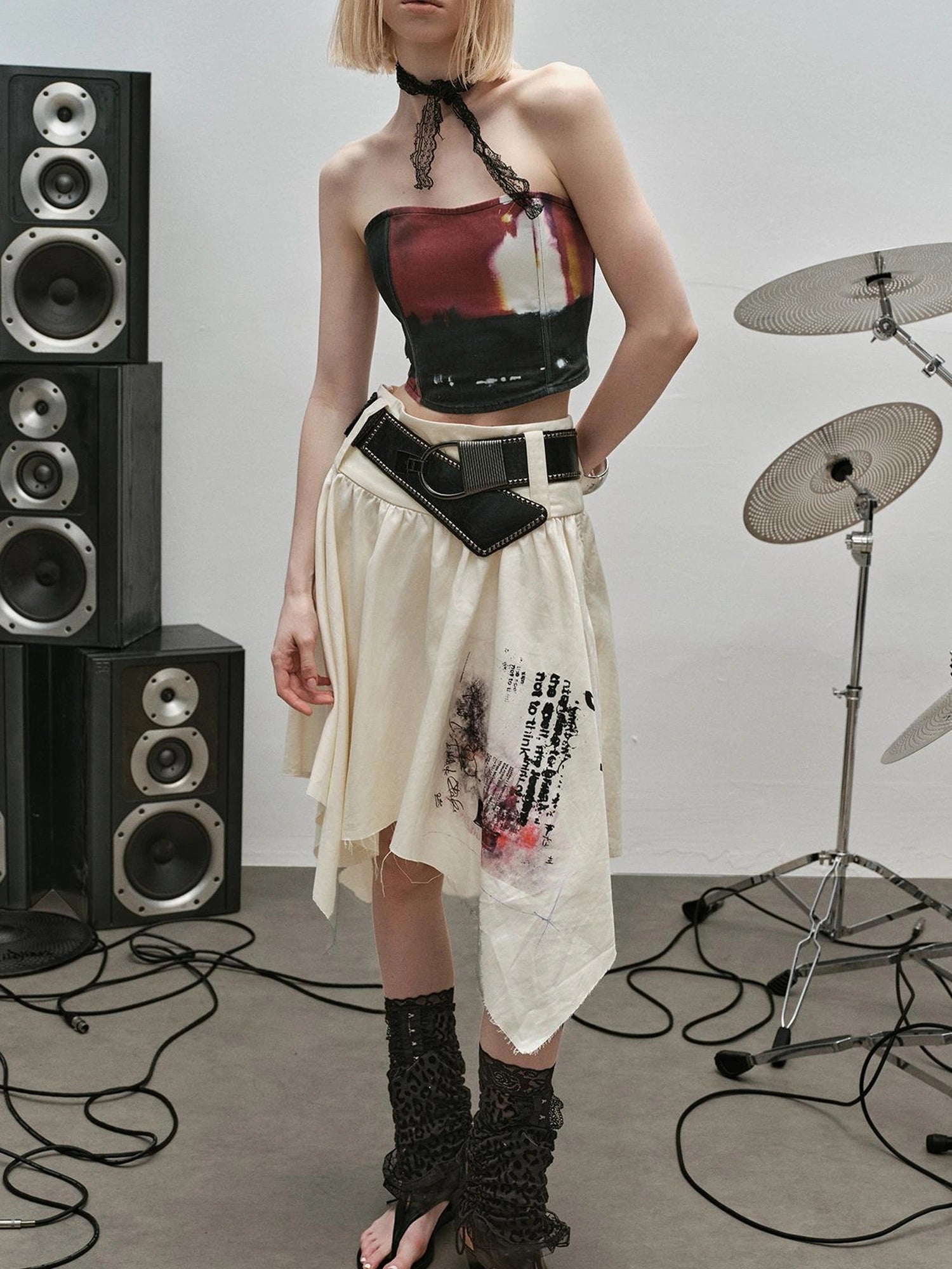 Outmode Distressed Print Asymmetrical Ruffle Skirt