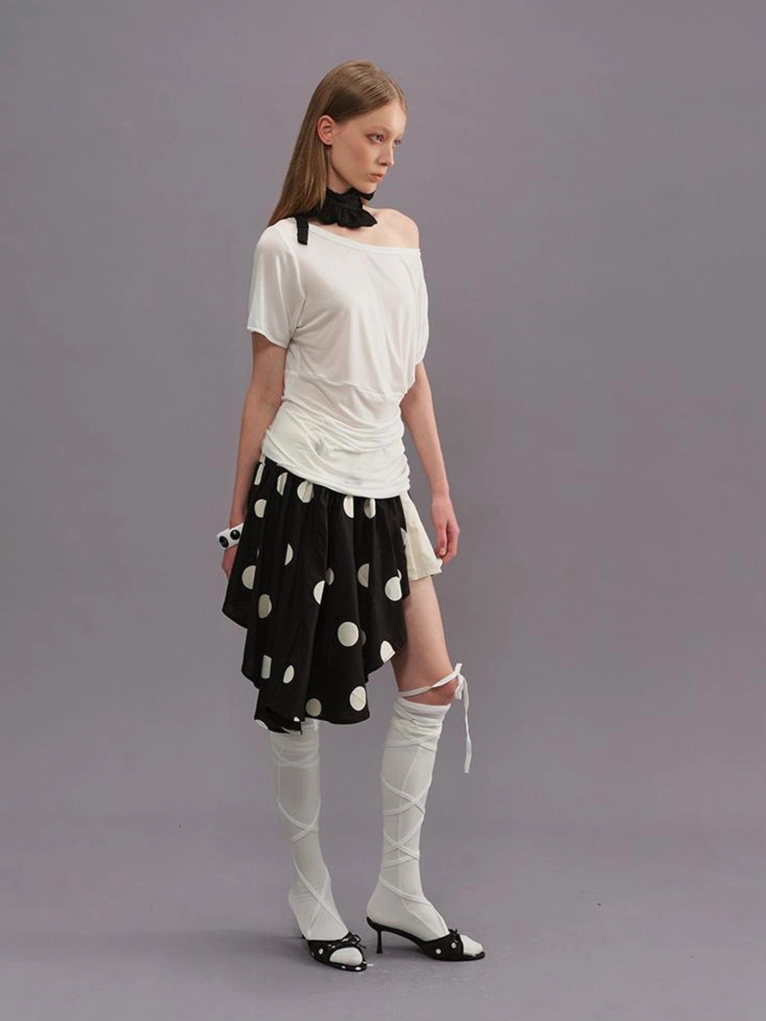 Polka Dot Color Block Pleated Skirt