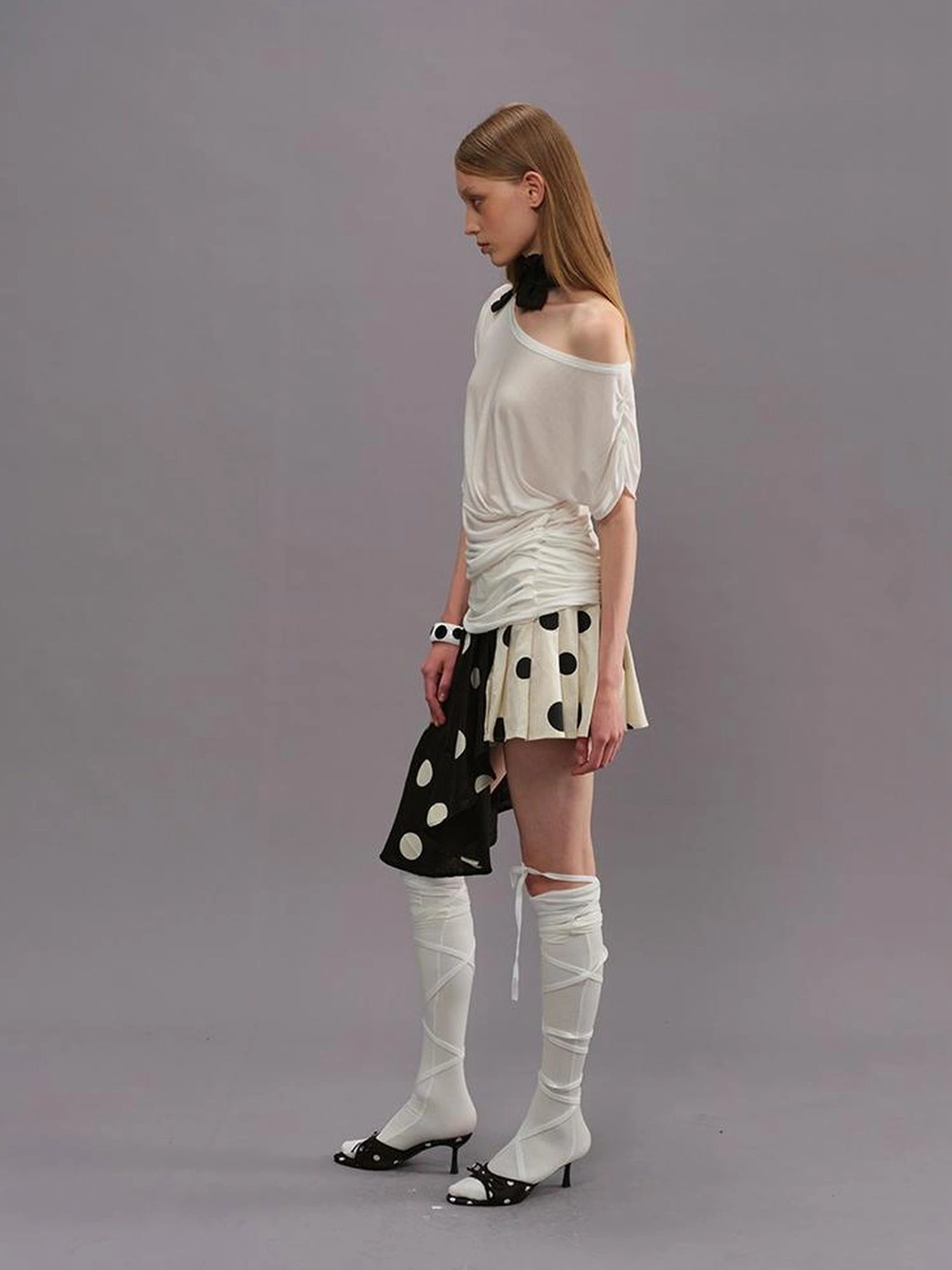 Polka Dot Color Block Pleated Skirt
