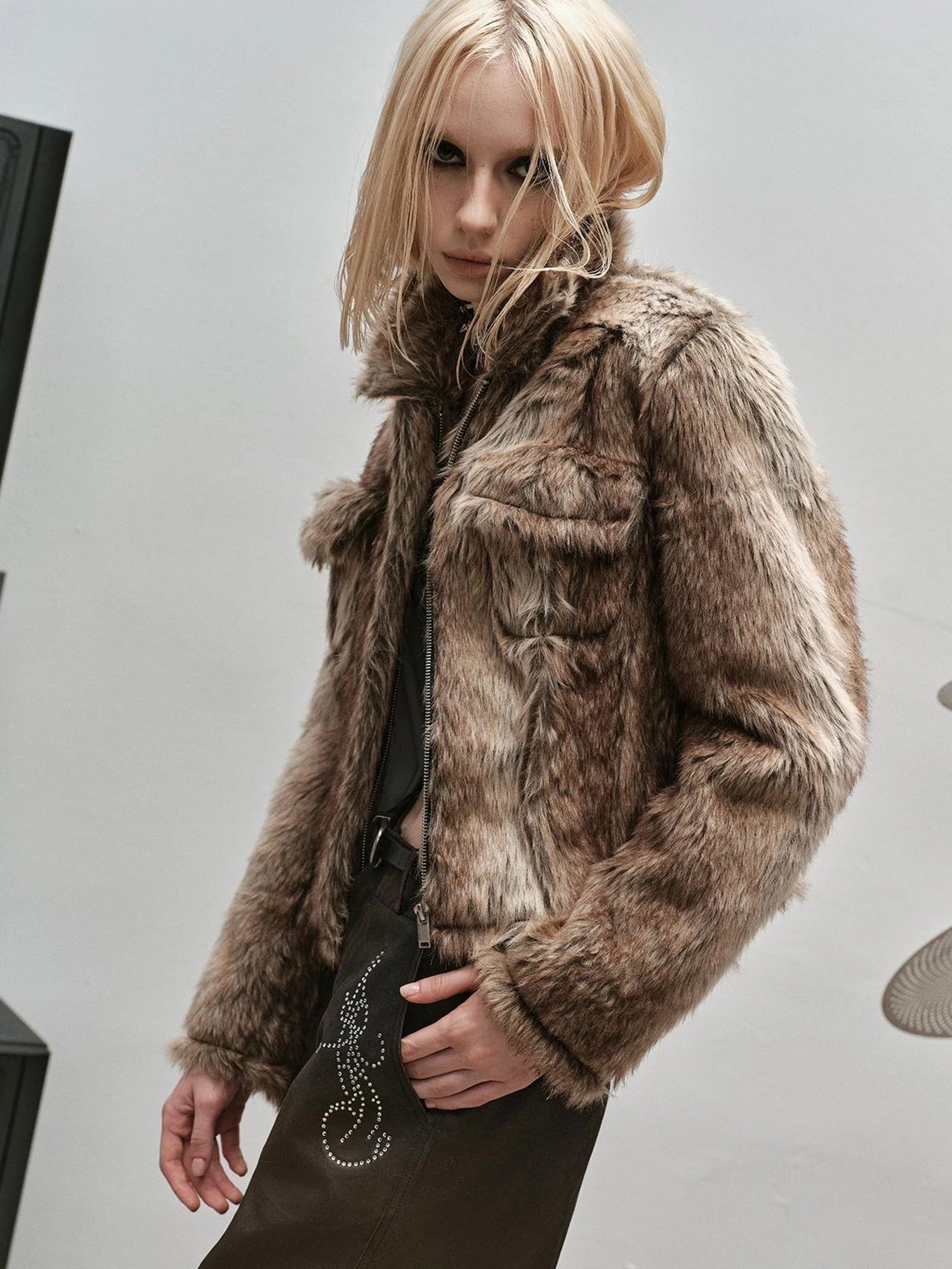 Outmode Rock N Roll Faux Fur Cropped Jacket