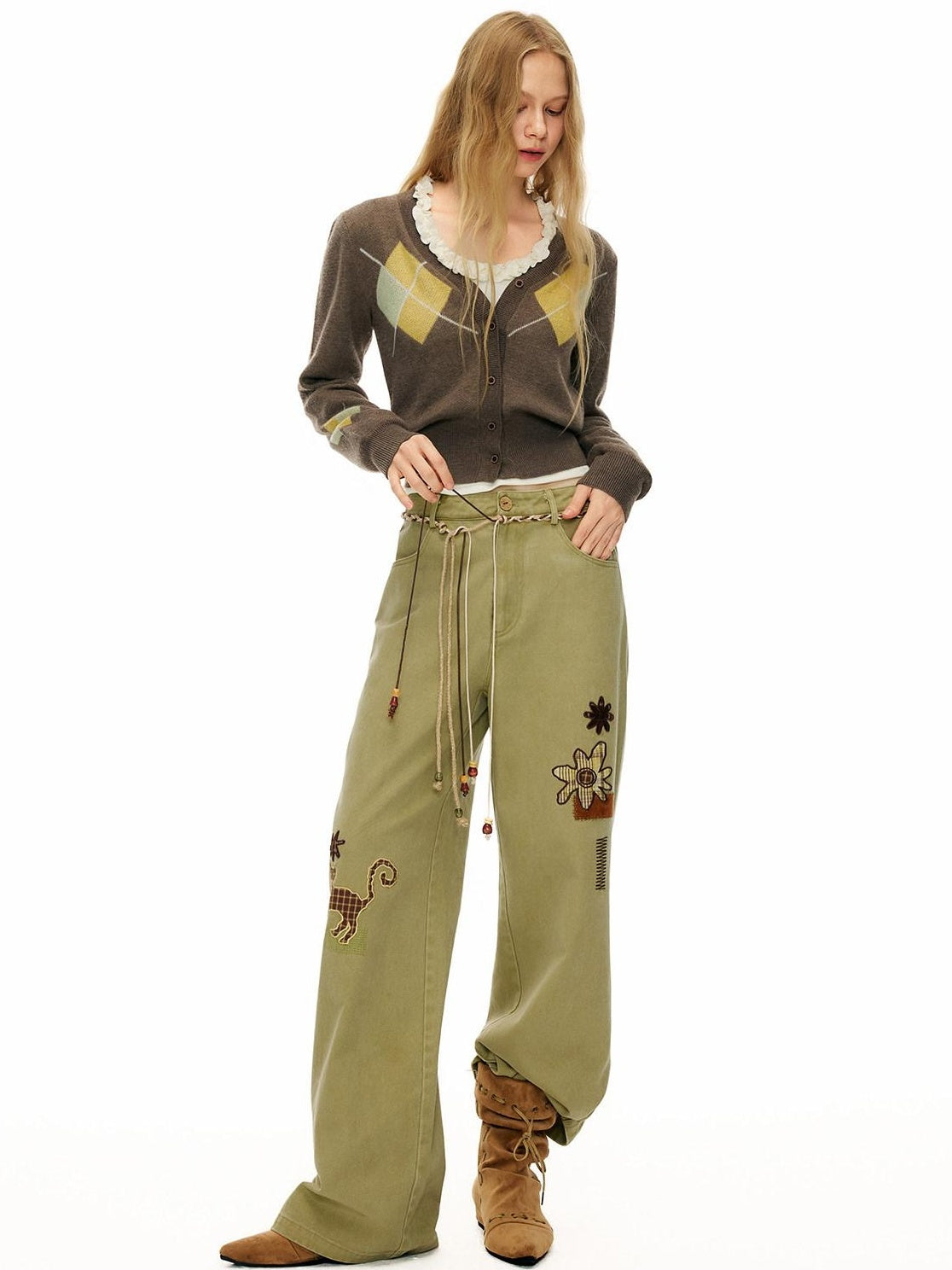 OuttheBlue 100% Cotton Animal Print Casual Natural Waist Button Fly Women Straight Pants