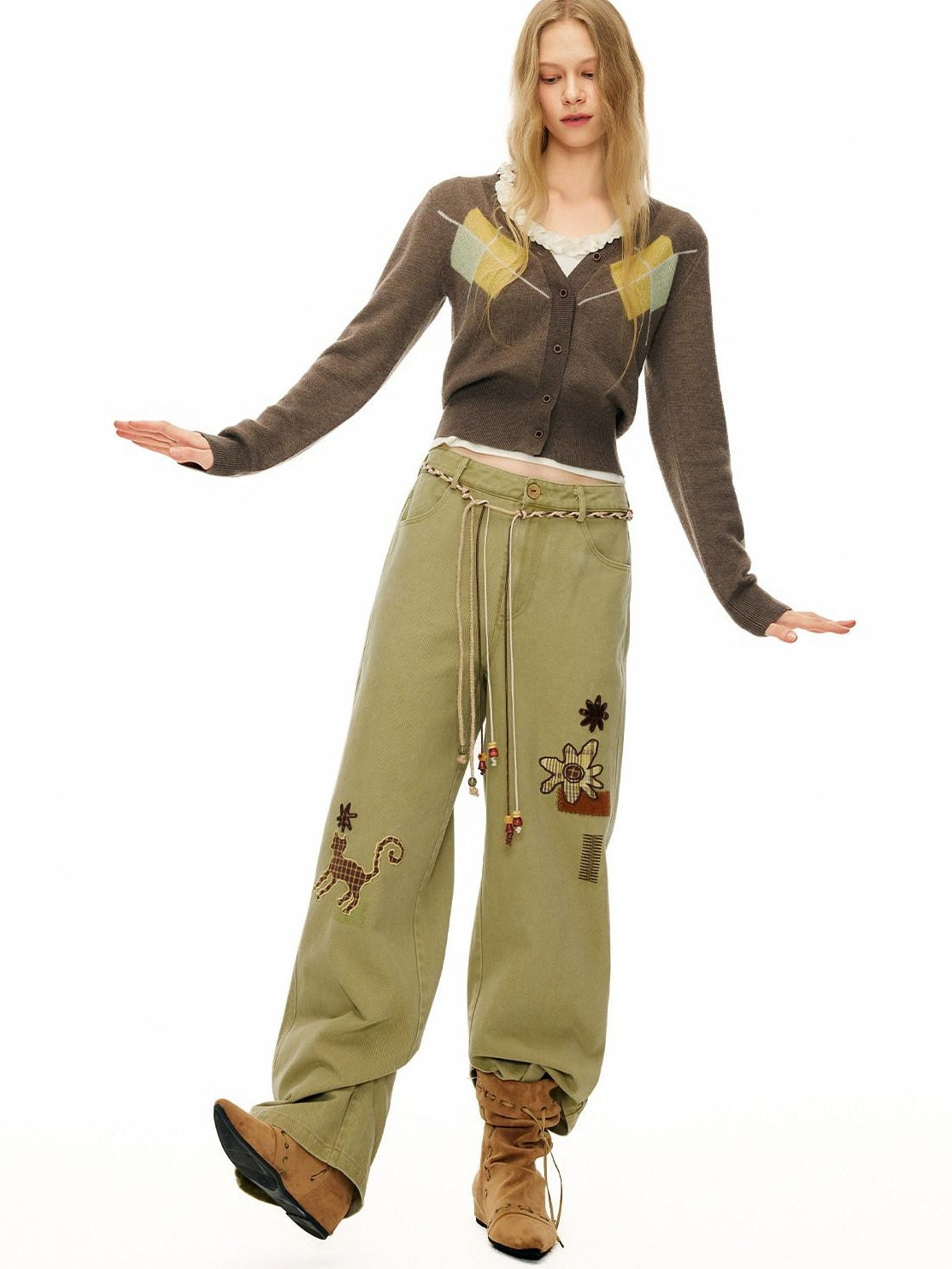 OuttheBlue 100% Cotton Animal Print Casual Natural Waist Button Fly Women Straight Pants