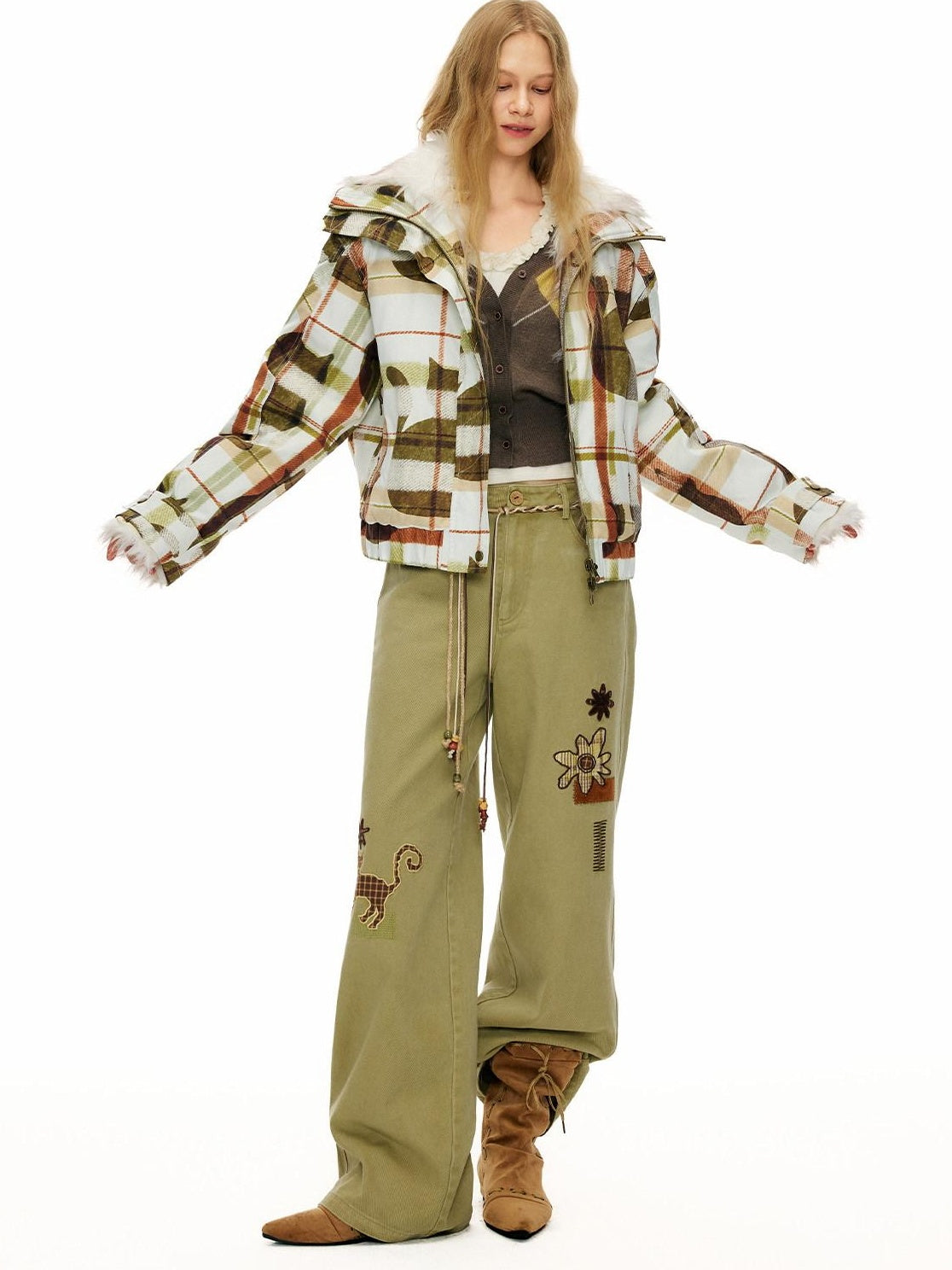 OuttheBlue 100% Cotton Animal Print Casual Natural Waist Button Fly Women Straight Pants