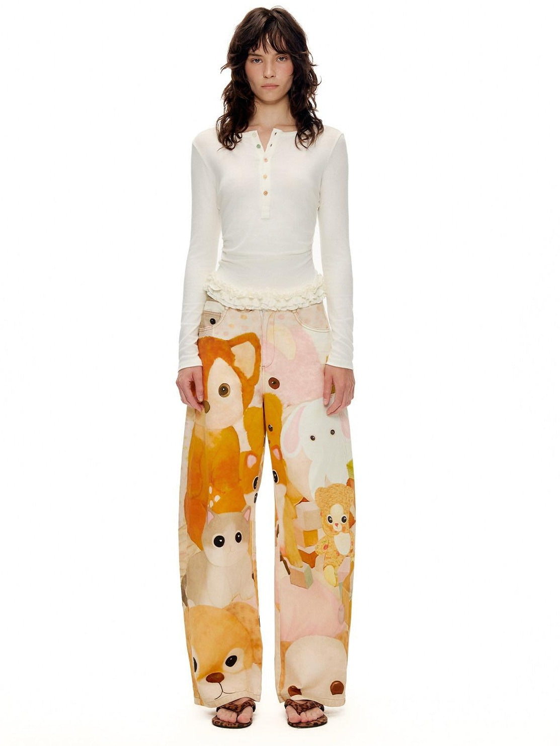 OuttheBlue 100% Cotton Cartoon Animal Print Mid Rise Button Fly Straight Leg Women Pants