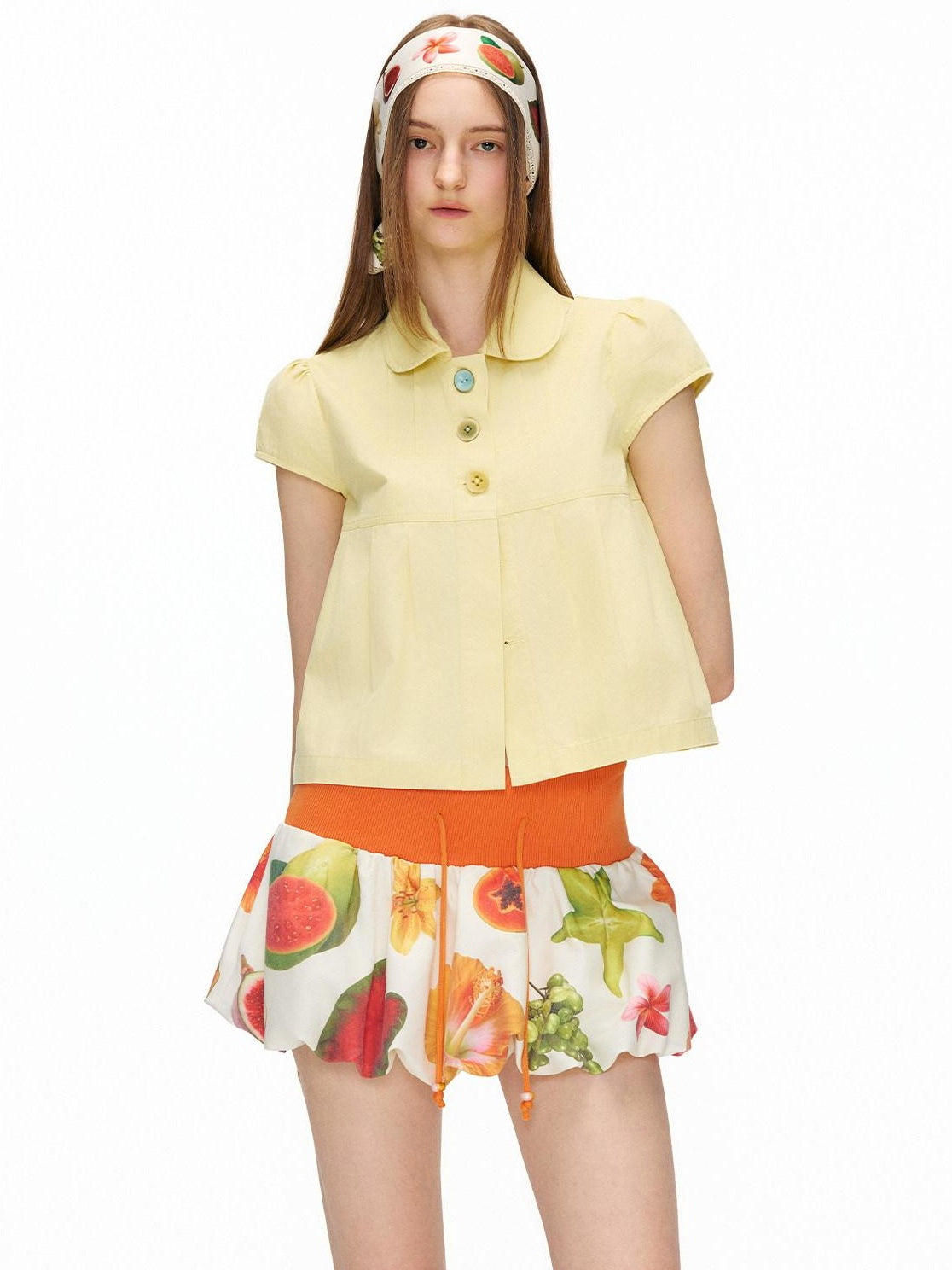 OuttheBlue 100% Cotton Vintage Slim Doll Collar Puff Sleeve Women Short Sleeve T-Shirts