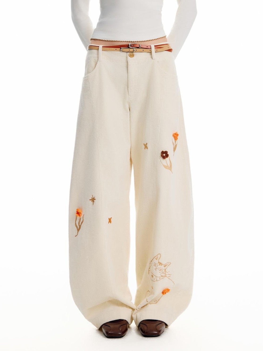 OuttheBlue 3d Crochet Floral Embroidered Corduroy Wide Leg Women&