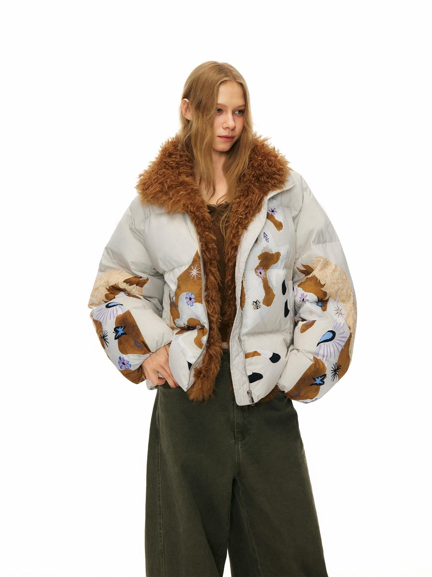 OuttheBlue 90% Duck Down Warm Printed Casual Collared Women Beige Zipper Down Jackets