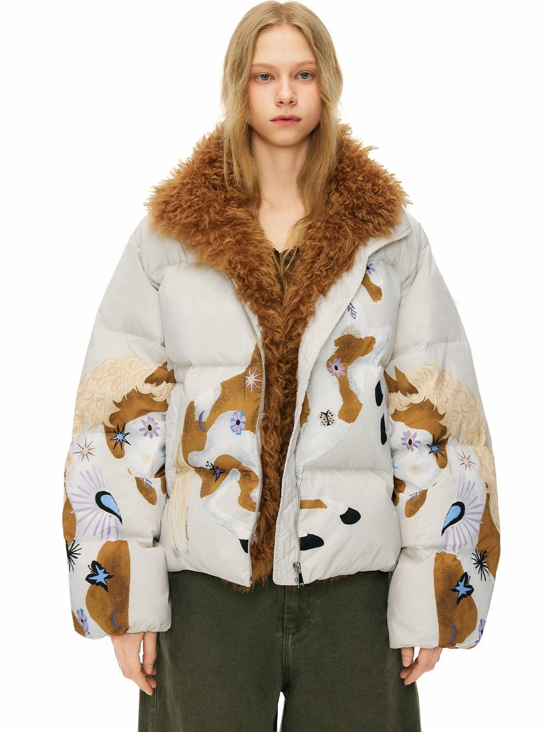 OuttheBlue 90% Duck Down Warm Printed Casual Collared Women Beige Zipper Down Jackets