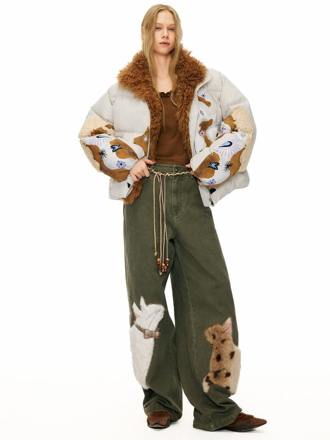 OuttheBlue 90% Duck Down Warm Printed Casual Collared Women Beige Zipper Down Jackets