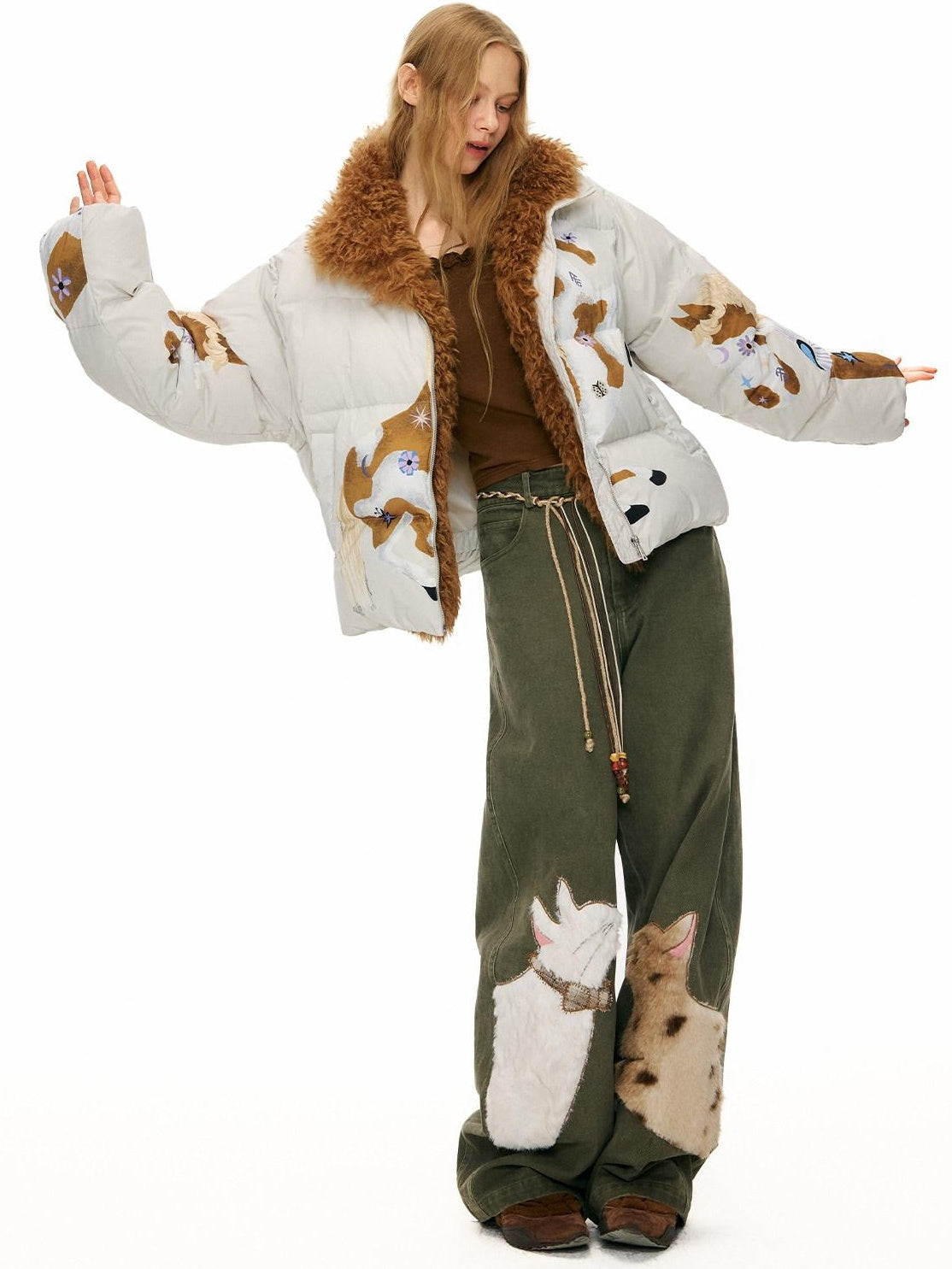 OuttheBlue 90% Duck Down Warm Printed Casual Collared Women Beige Zipper Down Jackets