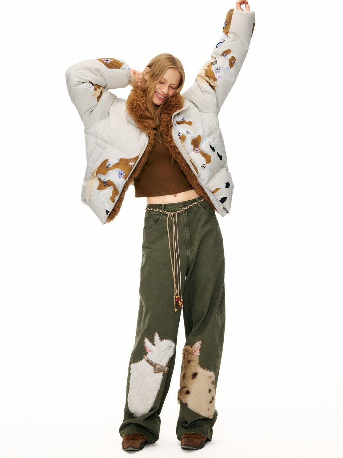 OuttheBlue 90% Duck Down Warm Printed Casual Collared Women Beige Zipper Down Jackets