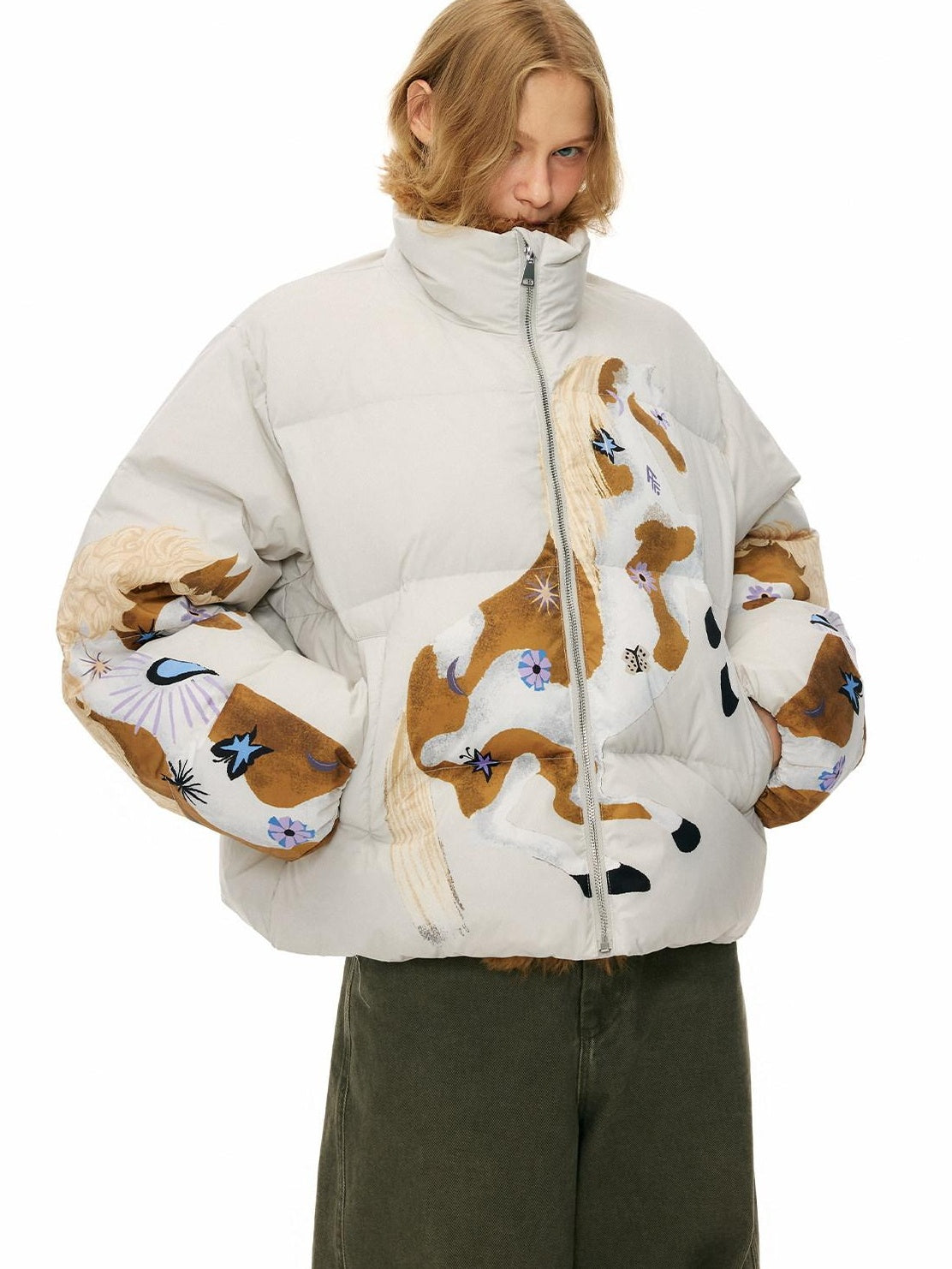 OuttheBlue 90% Duck Down Warm Printed Casual Collared Women Beige Zipper Down Jackets