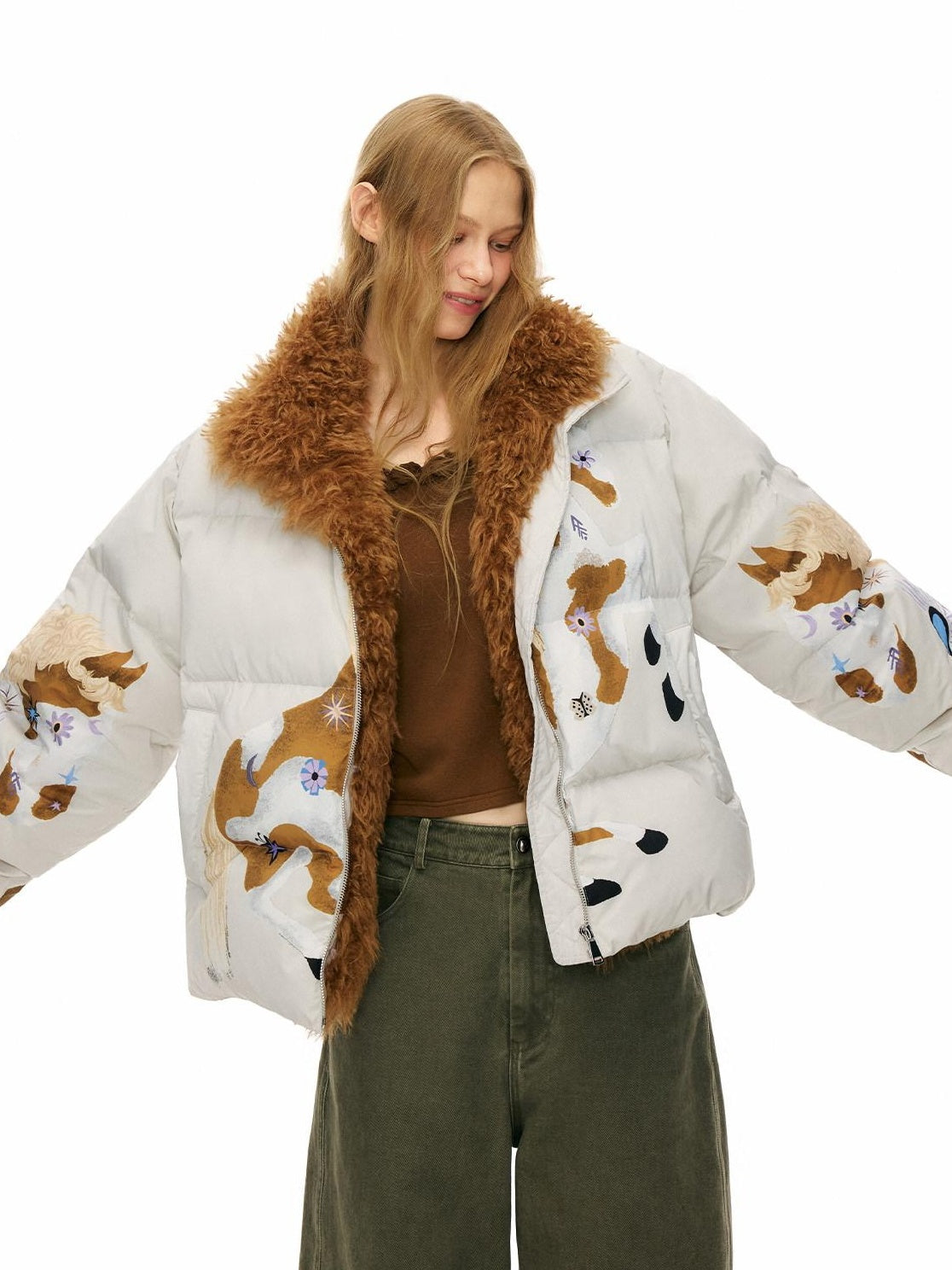 OuttheBlue 90% Duck Down Warm Printed Casual Collared Women Beige Zipper Down Jackets