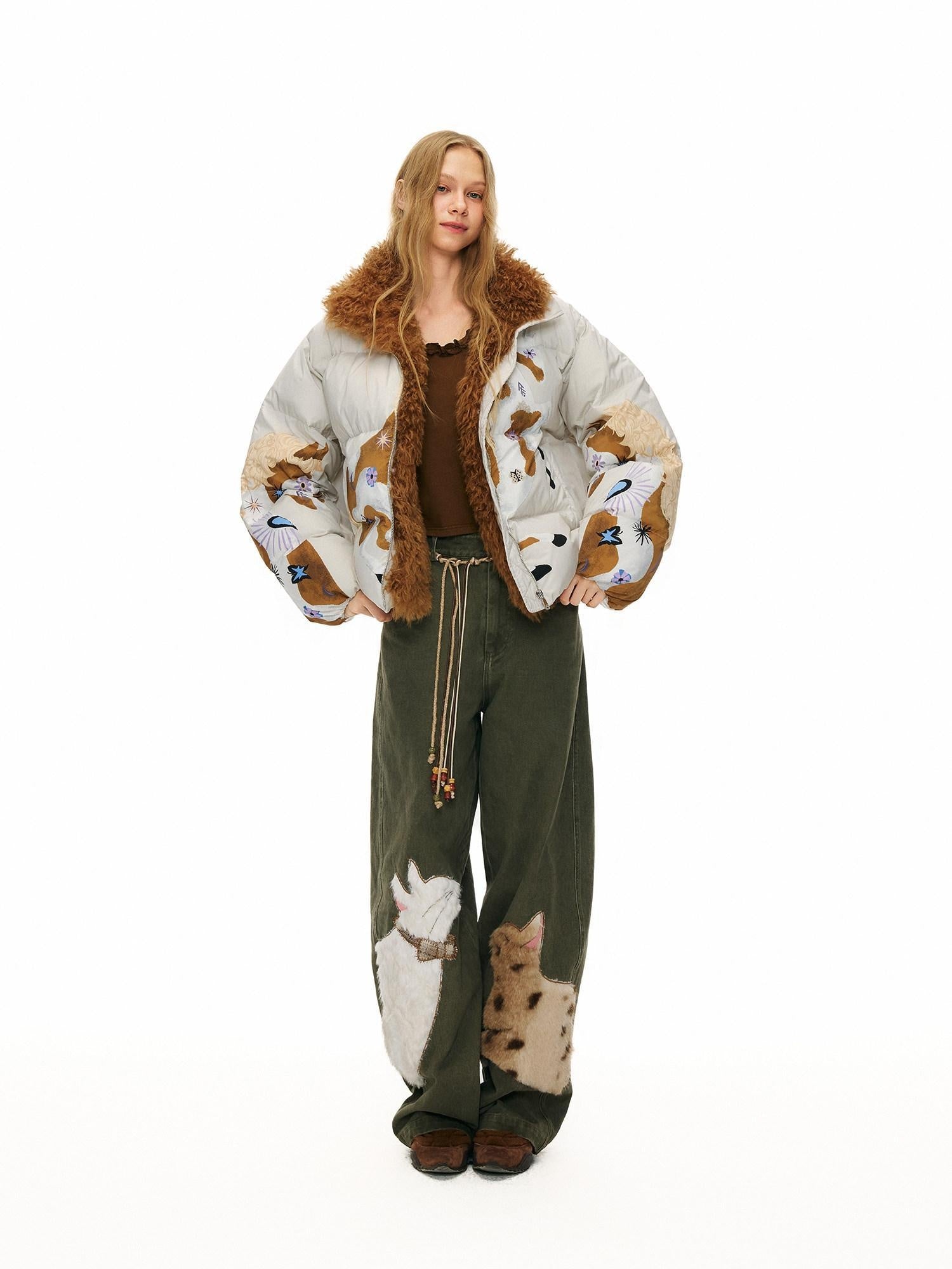 OuttheBlue 90% Duck Down Warm Printed Casual Collared Women Beige Zipper Down Jackets
