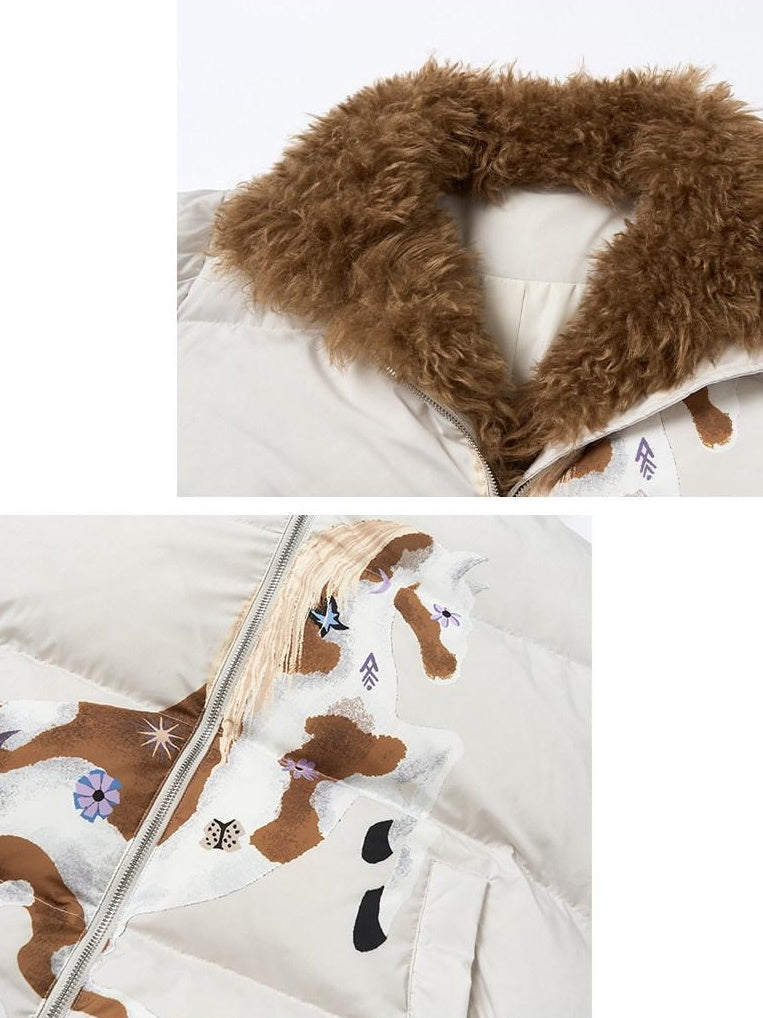 OuttheBlue 90% Duck Down Warm Printed Casual Collared Women Beige Zipper Down Jackets