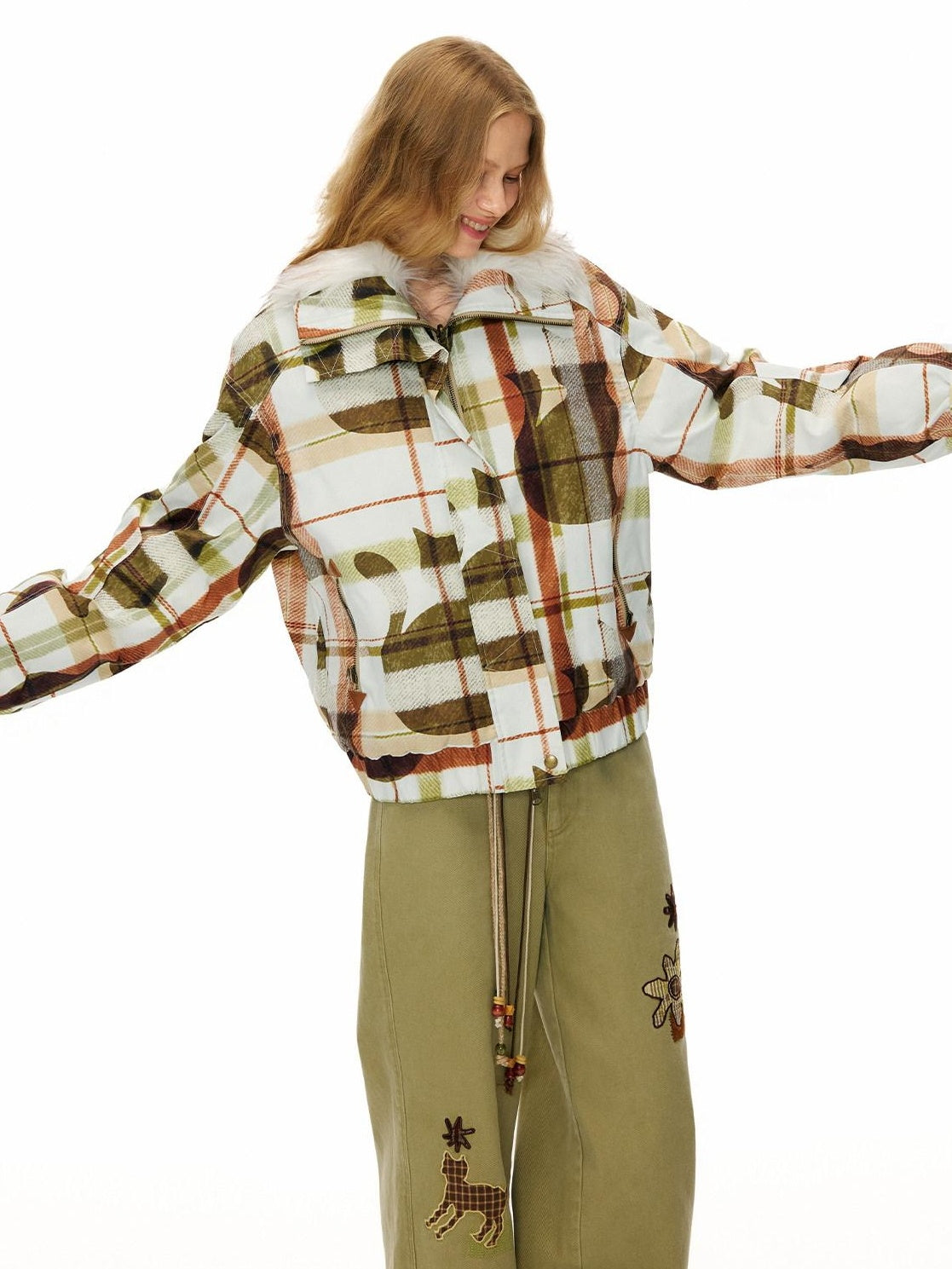 OuttheBlue 90% White Duck Down Warm Casual Print Stand Collar Low Waist Women Down Jackets