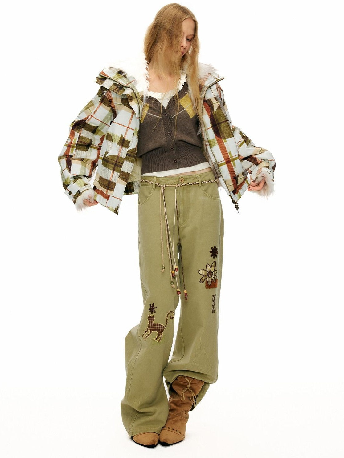 OuttheBlue 90% White Duck Down Warm Casual Print Stand Collar Low Waist Women Down Jackets