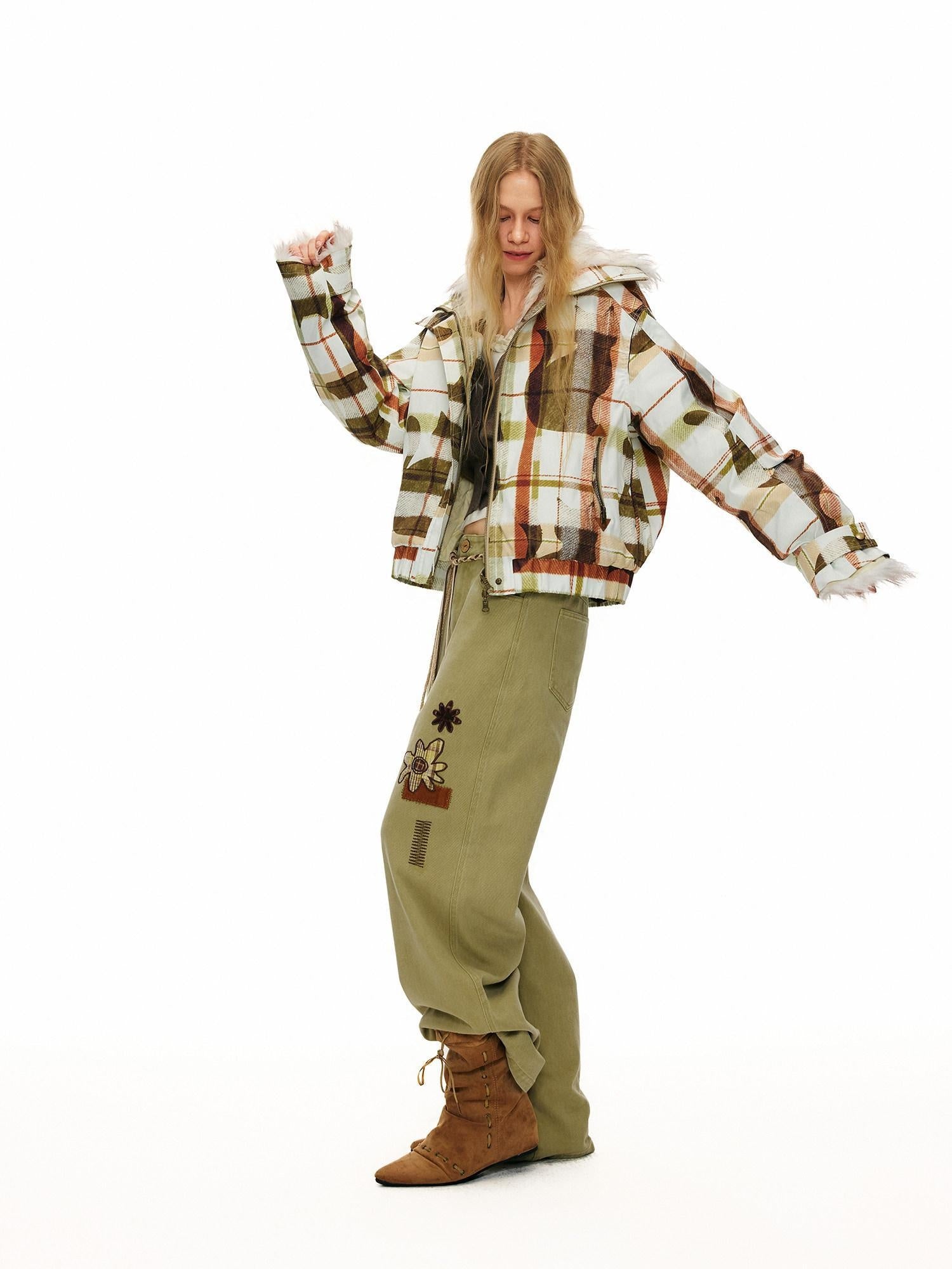 OuttheBlue 90% White Duck Down Warm Casual Print Stand Collar Low Waist Women Down Jackets