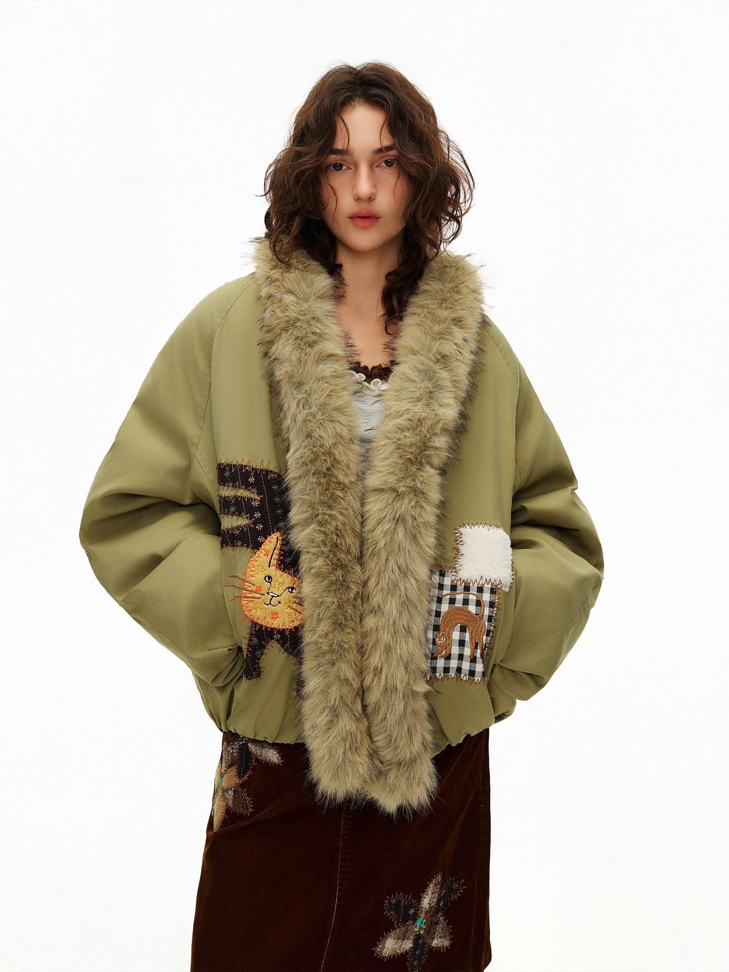 OuttheBlue 90% White Duck Down Warm Short High Waist Floral Embroidery Women Down Jackets